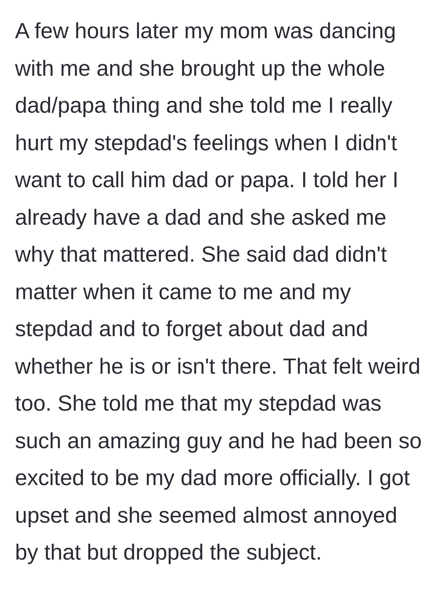 Story part 3 - The mother guilt trips her young son during the wedding reception for not calling his stepdad 'dad'.