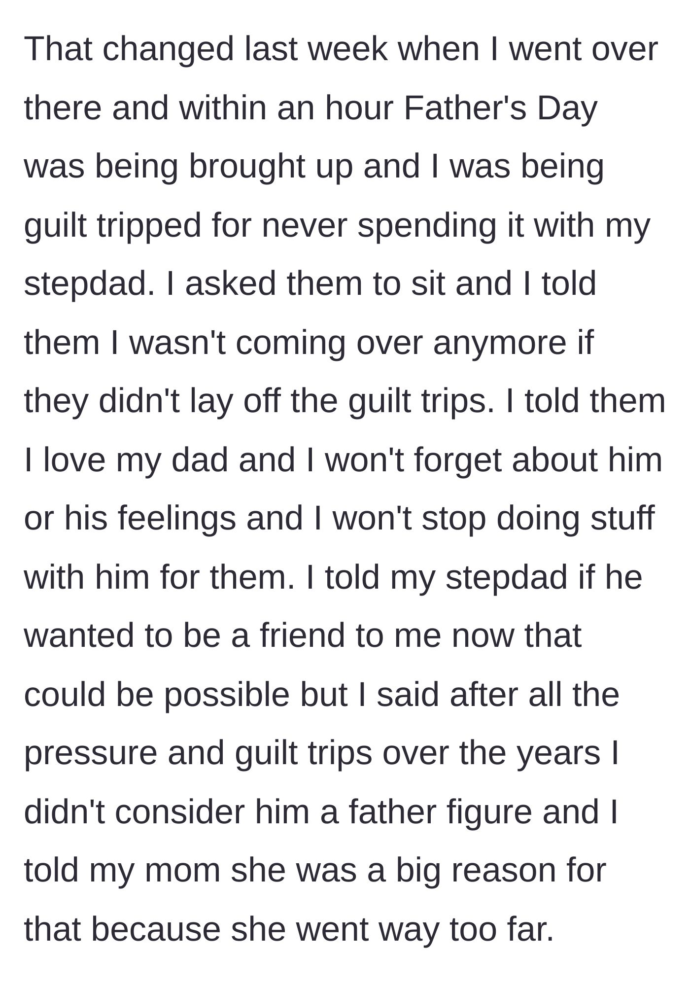 Story part 8 - The teen visits his mother, receives another guilt trip, and firmly tells them he will not return if it continues.