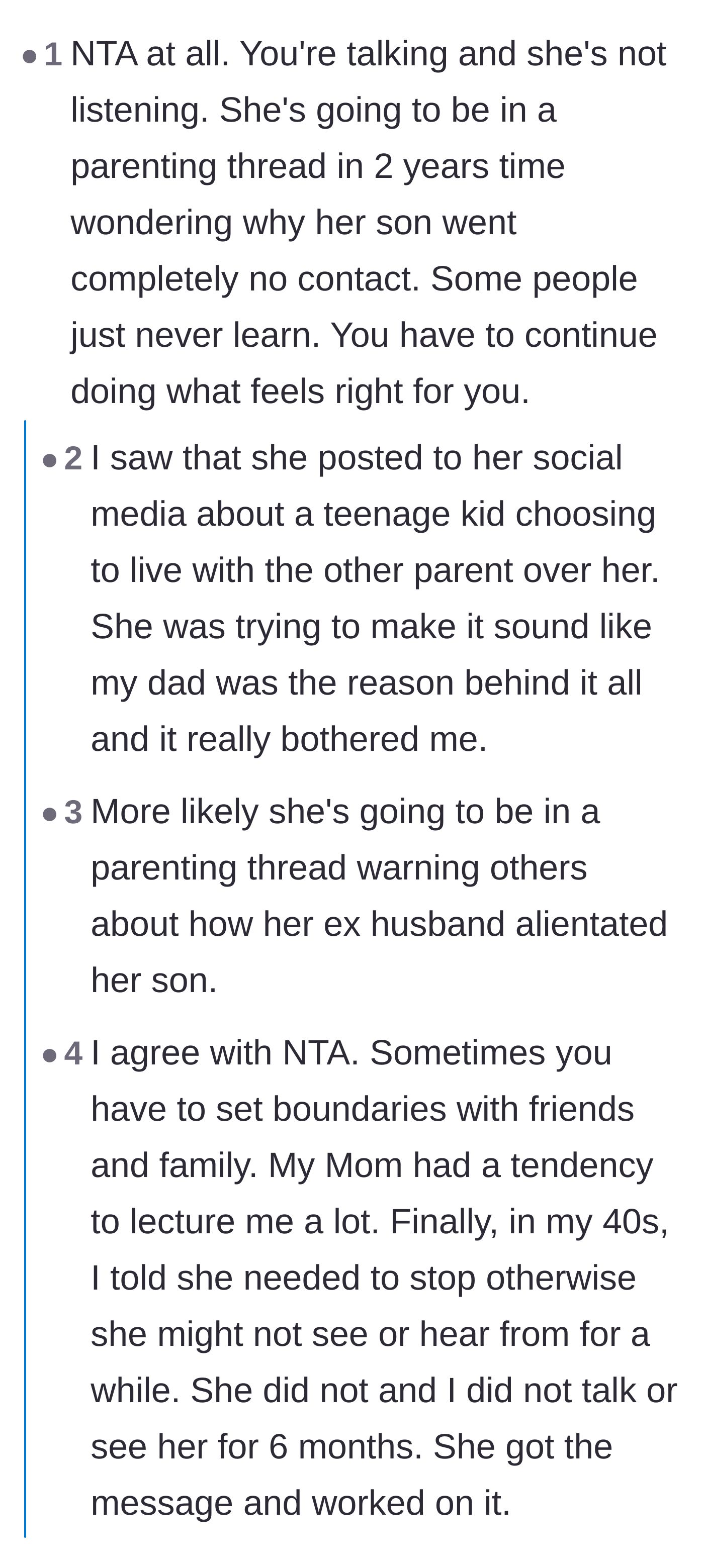 Comment thread 1 - Discussion about the mother playing the victim on social media and how her refusal to listen will lead to permanent estrangement.