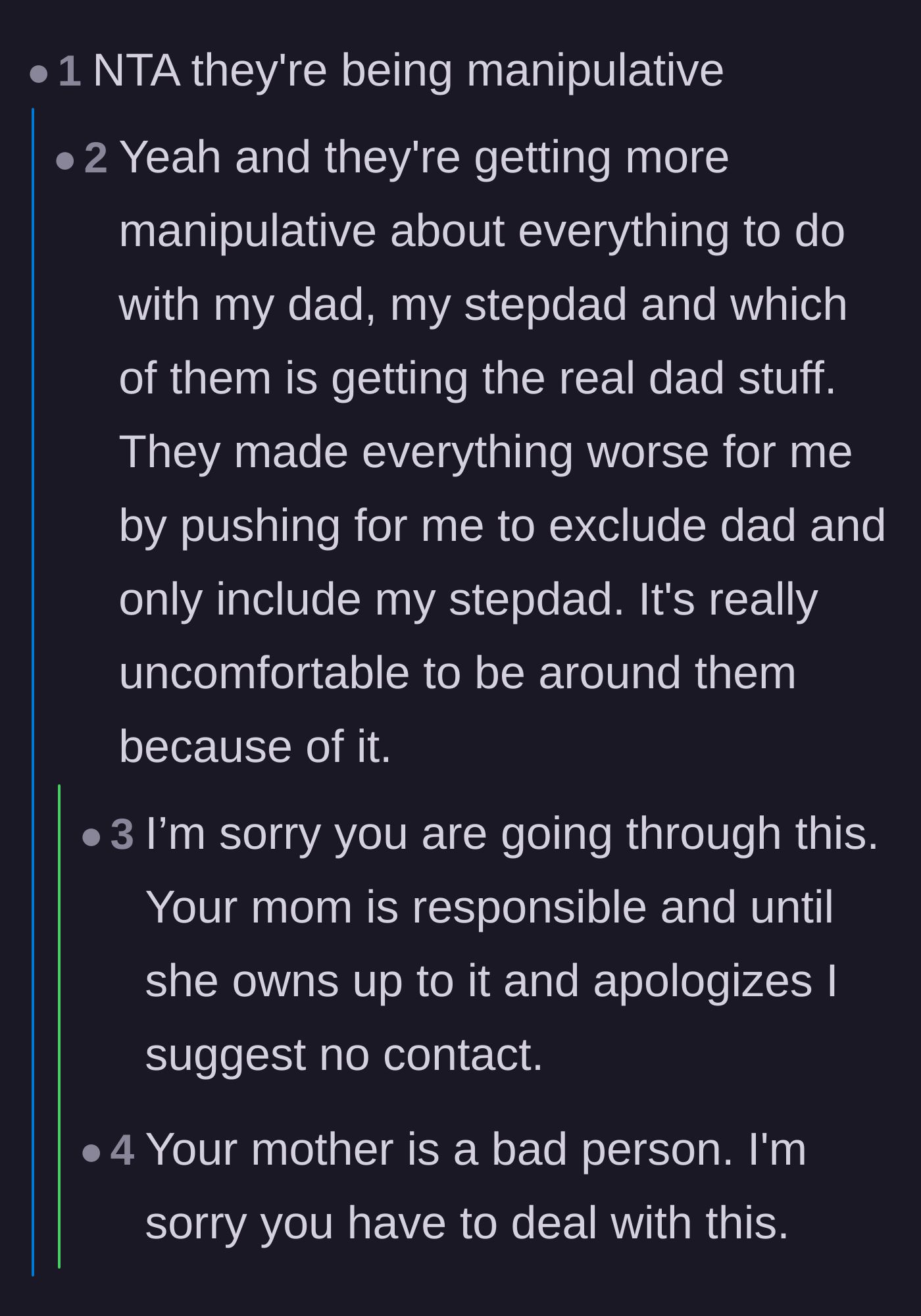 Comment thread 2 - Debate over whether the stepdad is equally at fault or just passively enabling the mother's toxic behavior.