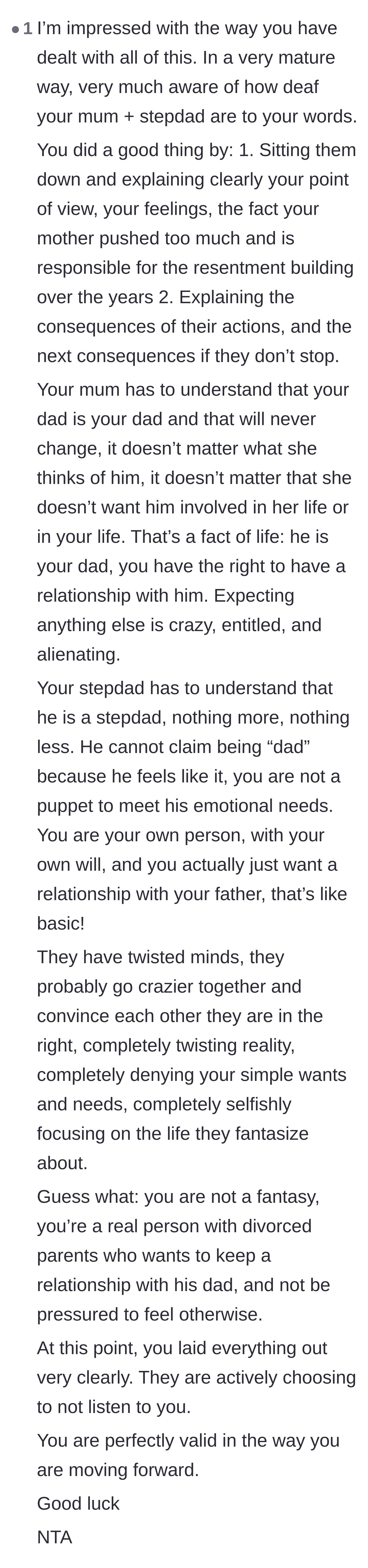 Comment thread 3 - A comprehensive breakdown praising the teenage son's maturity and calling out the adults' selfish behavior.