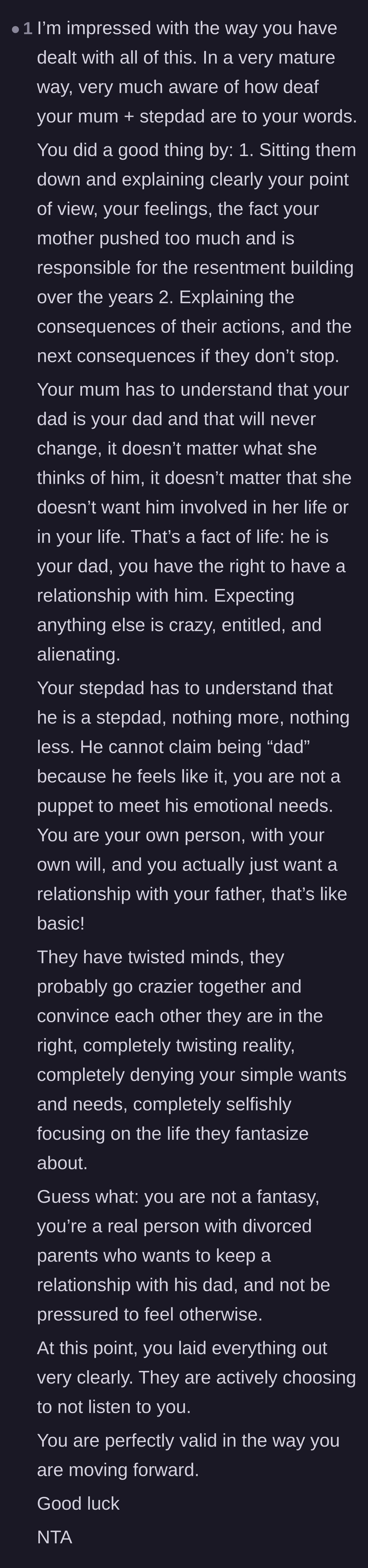 Comment thread 3 - A comprehensive breakdown praising the teenage son's maturity and calling out the adults' selfish behavior.