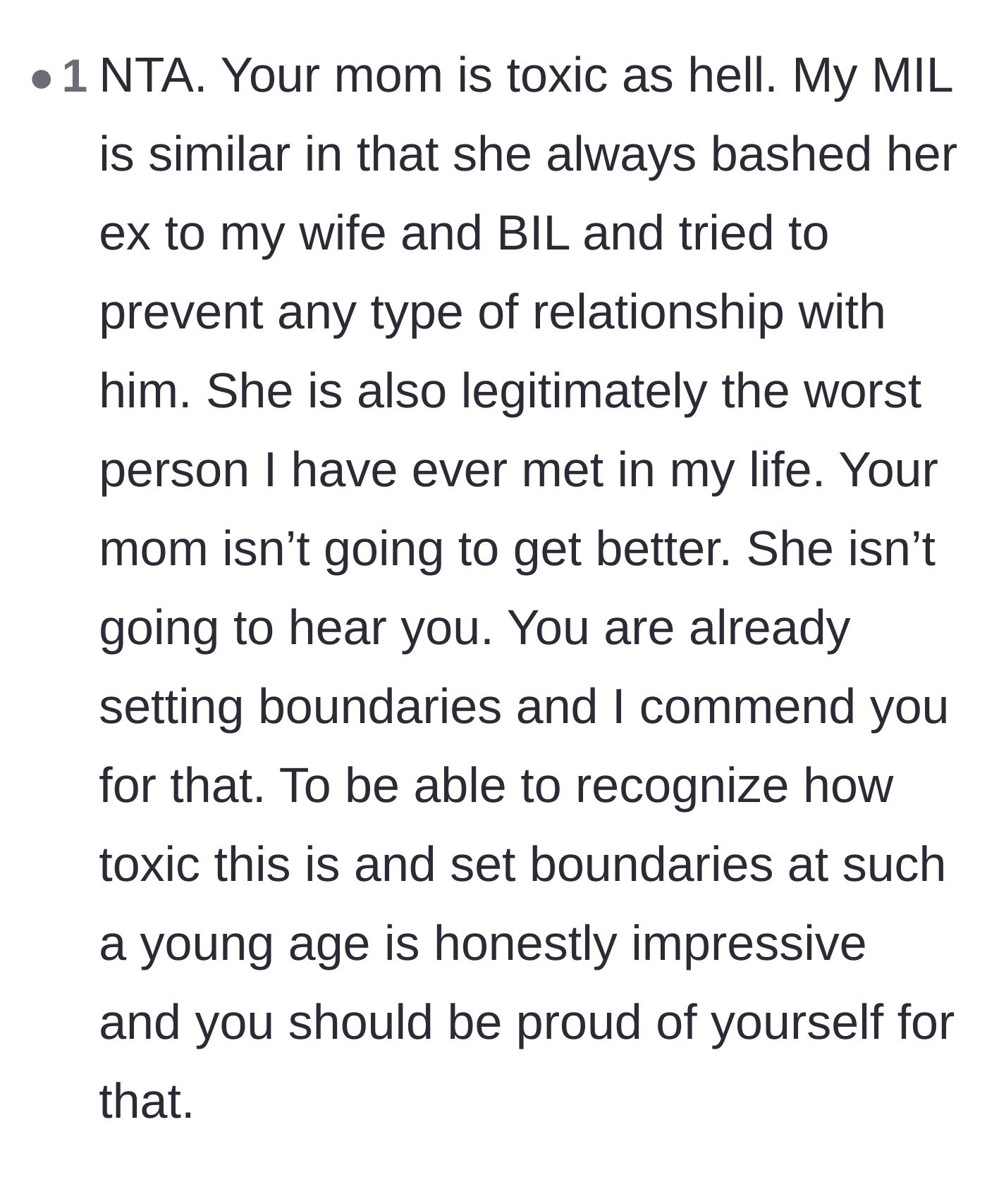 Comment thread 5 - A reader sharing their own experience with a relentlessly bitter relative to validate the son's decision to set boundaries.