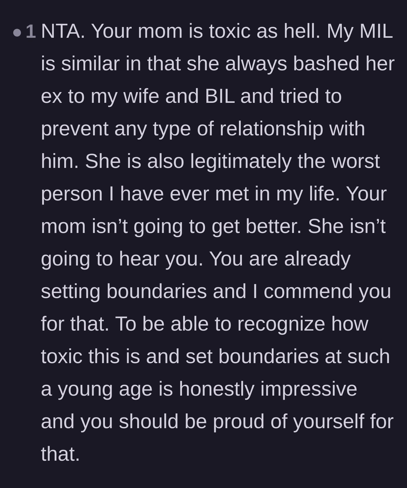 Comment thread 5 - A reader sharing their own experience with a relentlessly bitter relative to validate the son's decision to set boundaries.