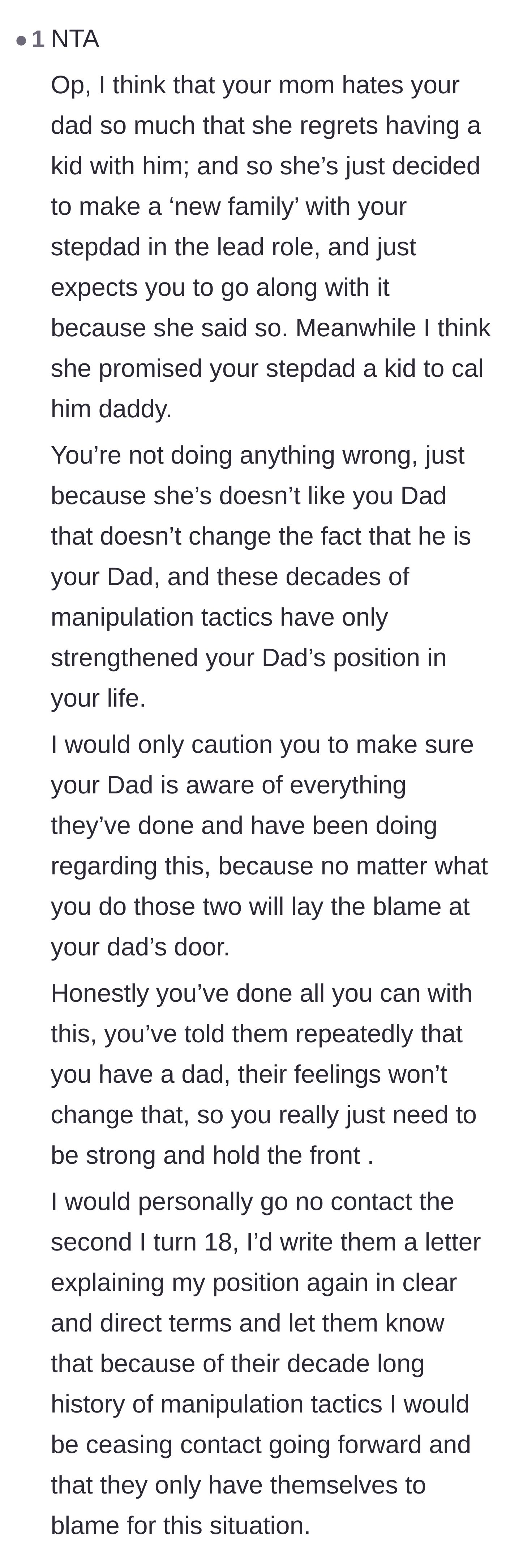 Comment thread 6 - Speculation that the mother promised the stepdad a fresh start, alongside advice to officially go no-contact at eighteen.