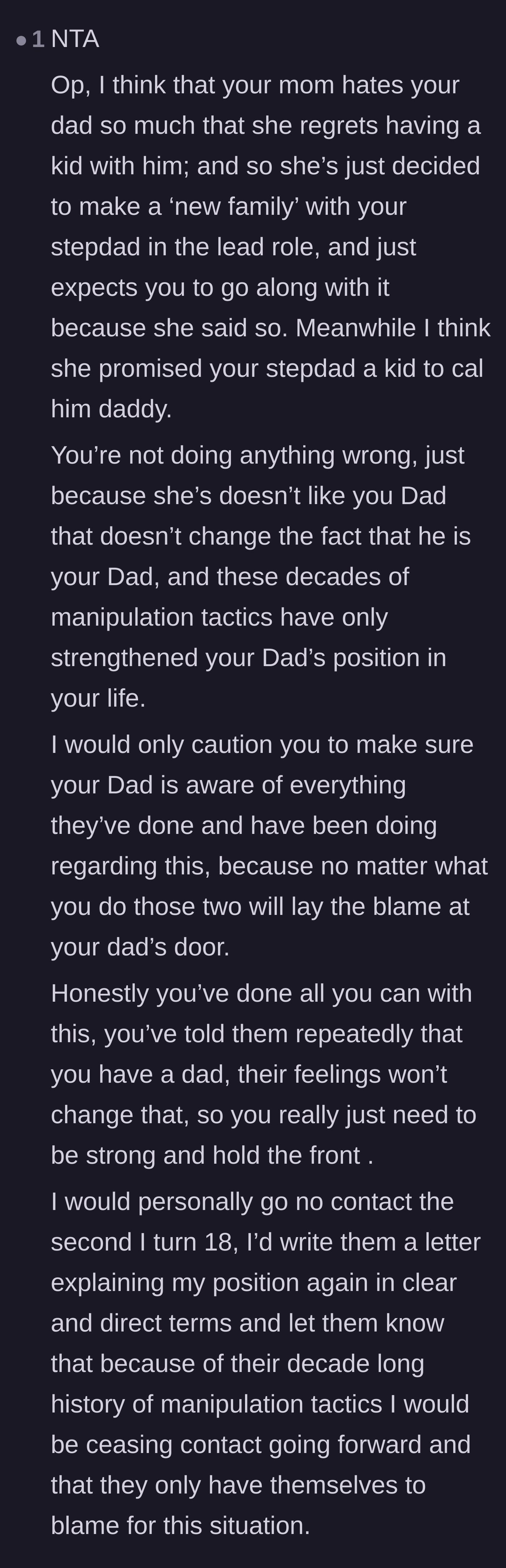 Comment thread 6 - Speculation that the mother promised the stepdad a fresh start, alongside advice to officially go no-contact at eighteen.