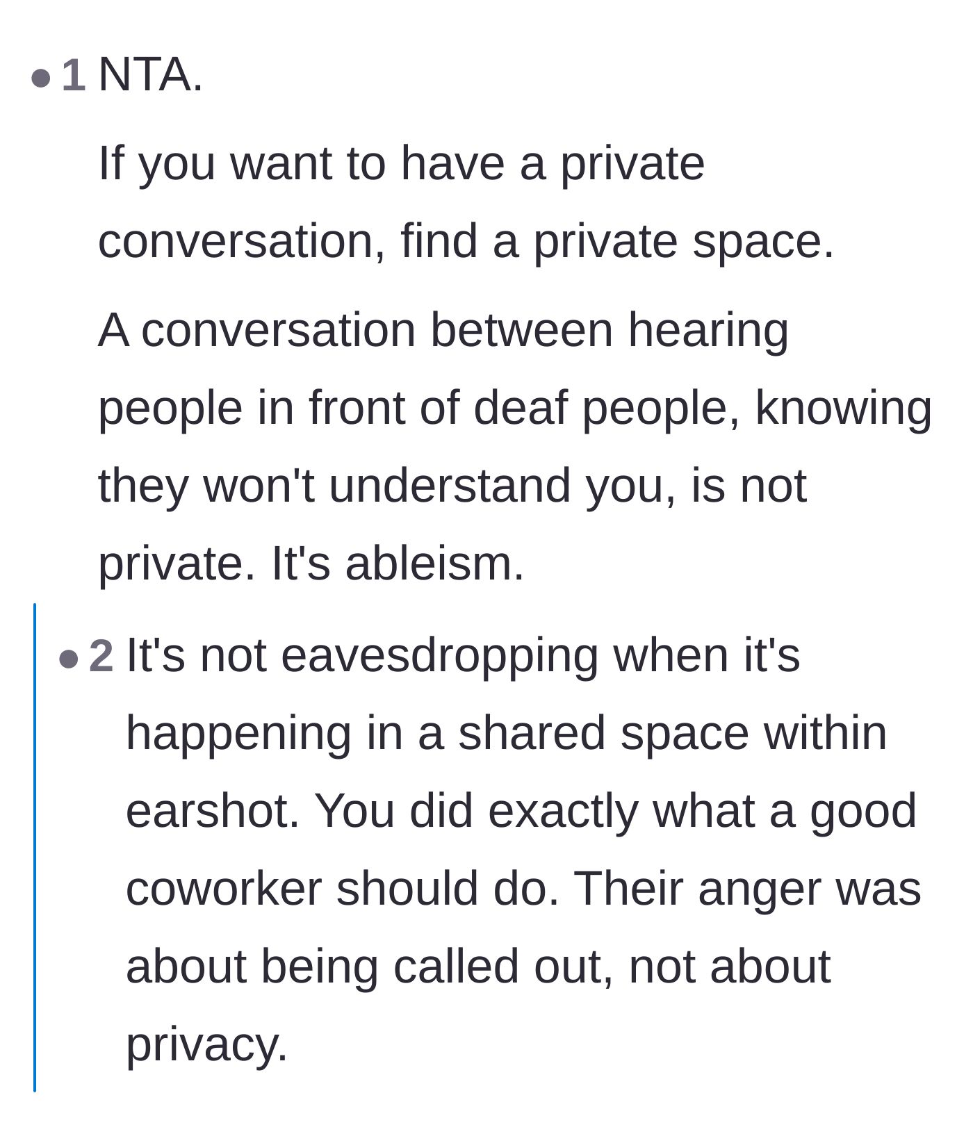 Comment thread 2 - Debating whether translating ambient conversation is eavesdropping versus calling out ableism in a shared space.