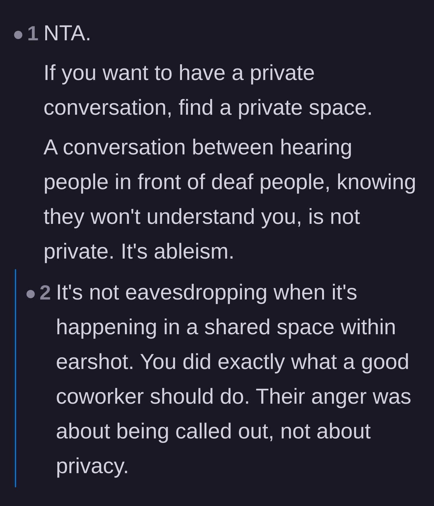 Comment thread 2 - Debating whether translating ambient conversation is eavesdropping versus calling out ableism in a shared space.