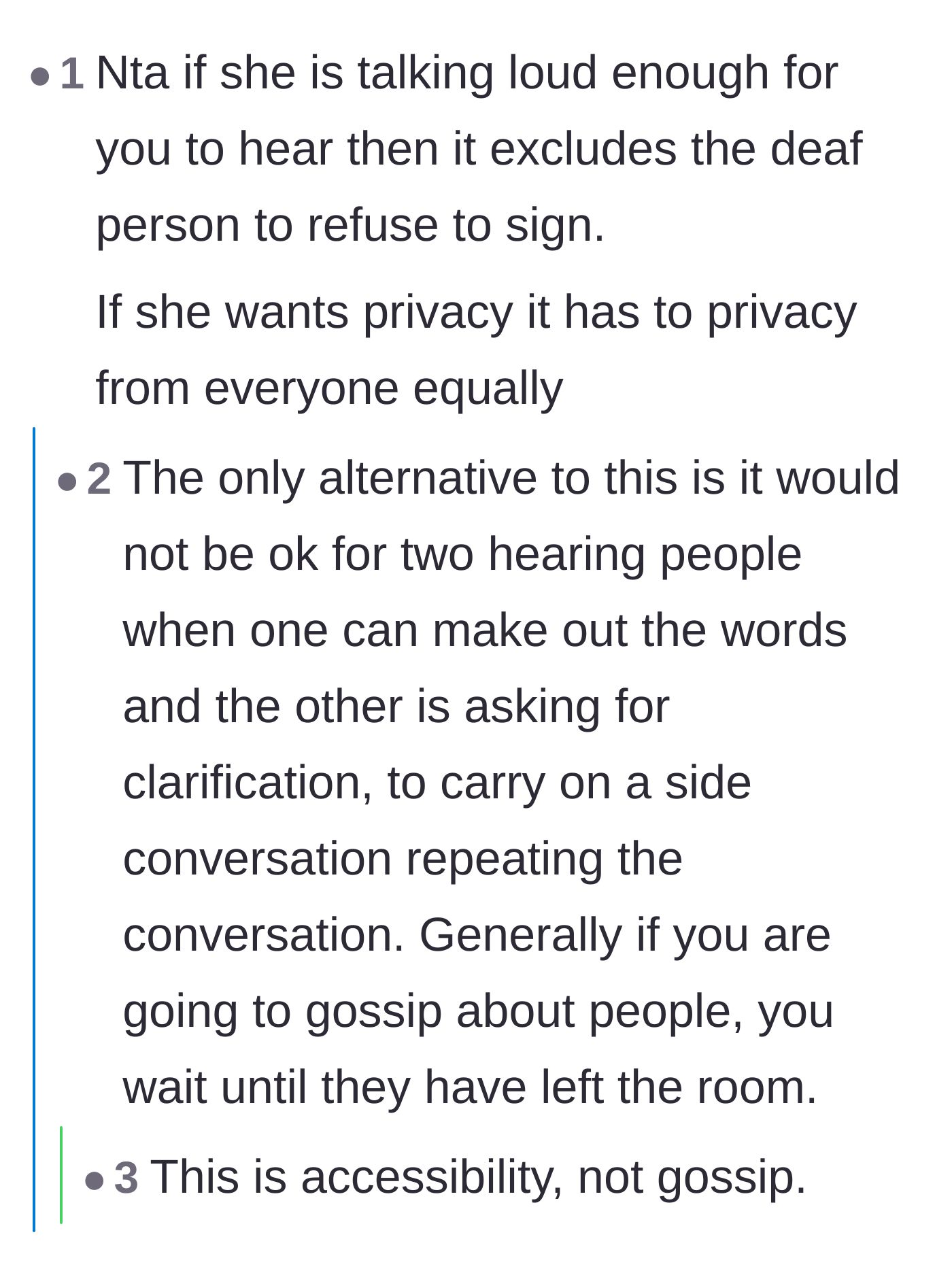 Comment thread 6 - Emphasizing that true privacy must apply equally to everyone in the room, not just those who can't hear.