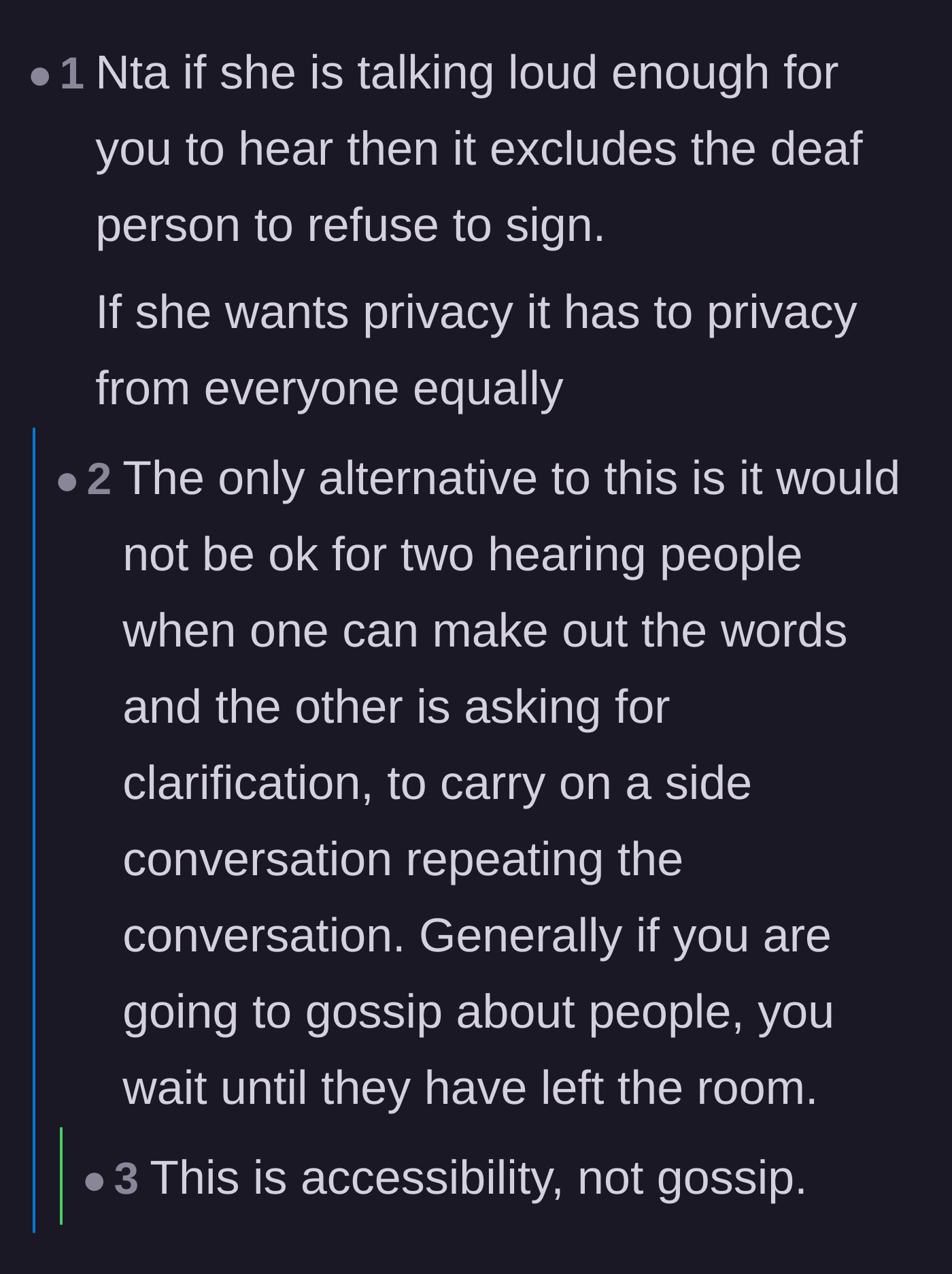 Comment thread 6 - Emphasizing that true privacy must apply equally to everyone in the room, not just those who can't hear.