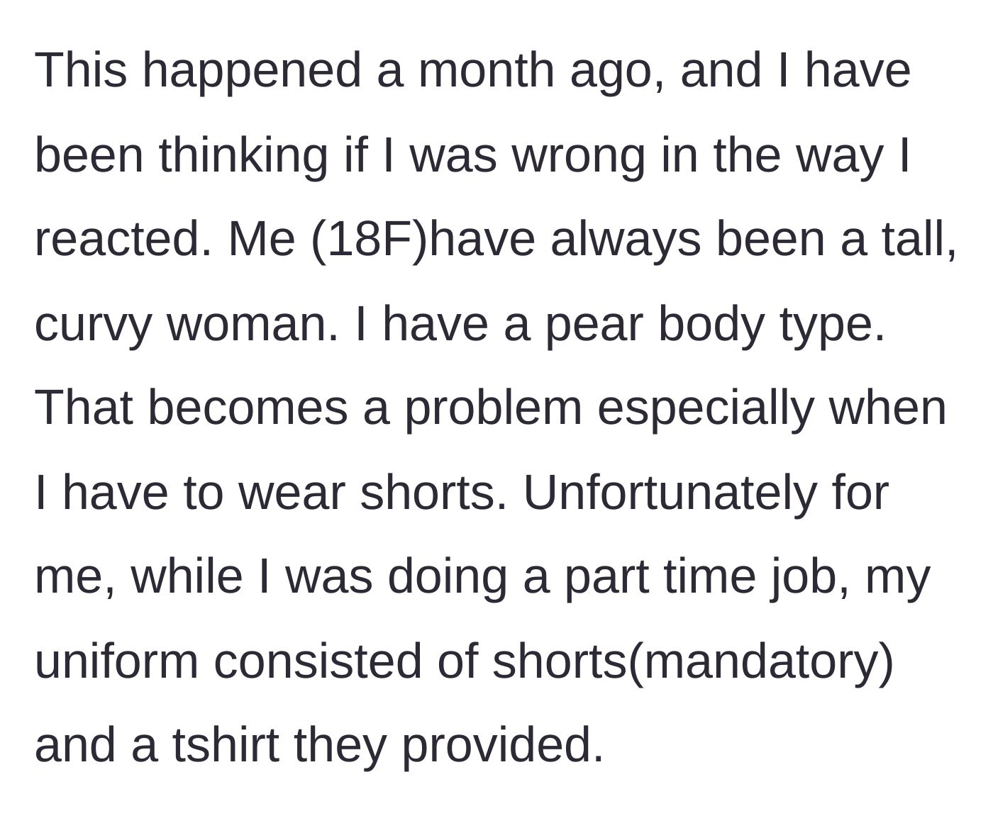 Story part 1 - A description of the structural trap set by a mandatory, revealing workplace uniform for an 18-year-old girl.