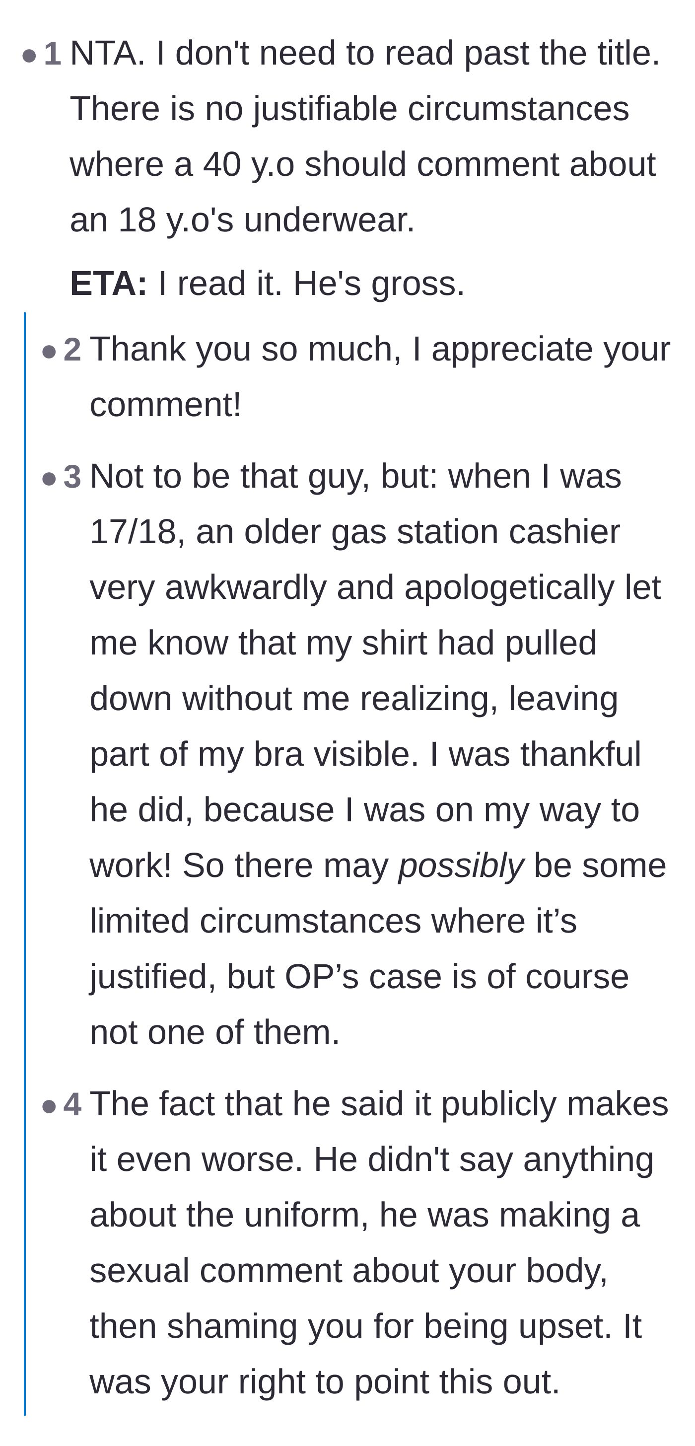 Comment thread 2 - A discussion on how there is never a valid reason for an older man to comment on a teenager's underwear, and the failure of bystanders.