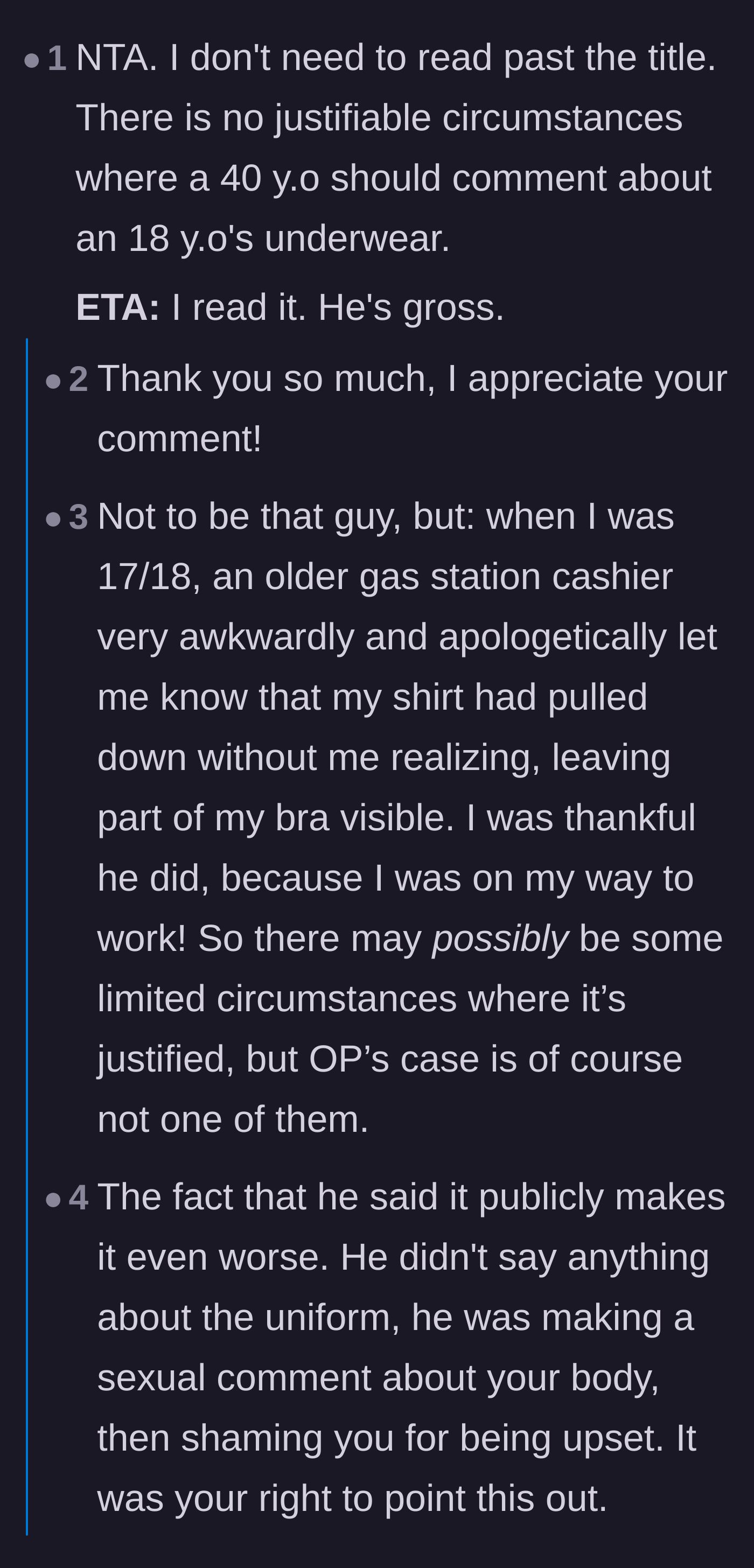 Comment thread 2 - A discussion on how there is never a valid reason for an older man to comment on a teenager's underwear, and the failure of bystanders.
