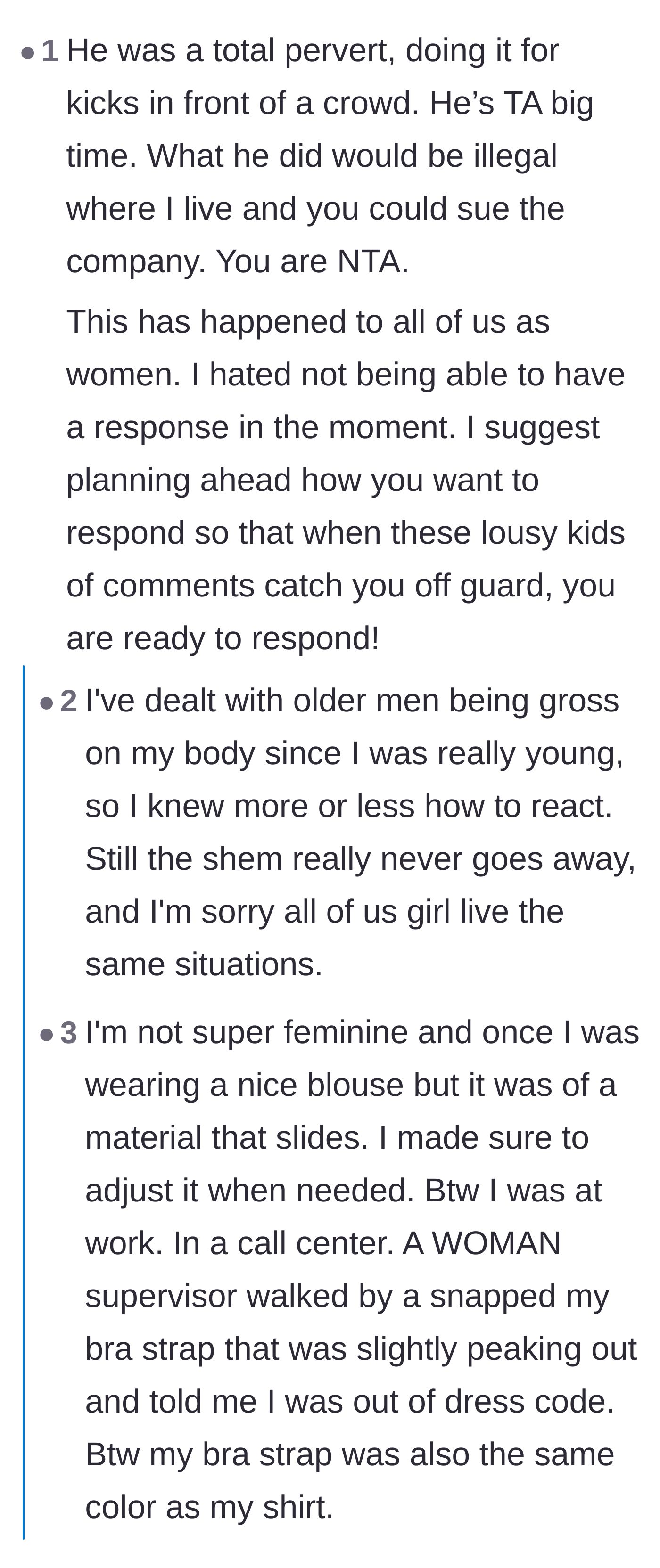 Comment thread 3 - Women sharing their heartbreakingly common experiences of workplace harassment starting from a very young age.