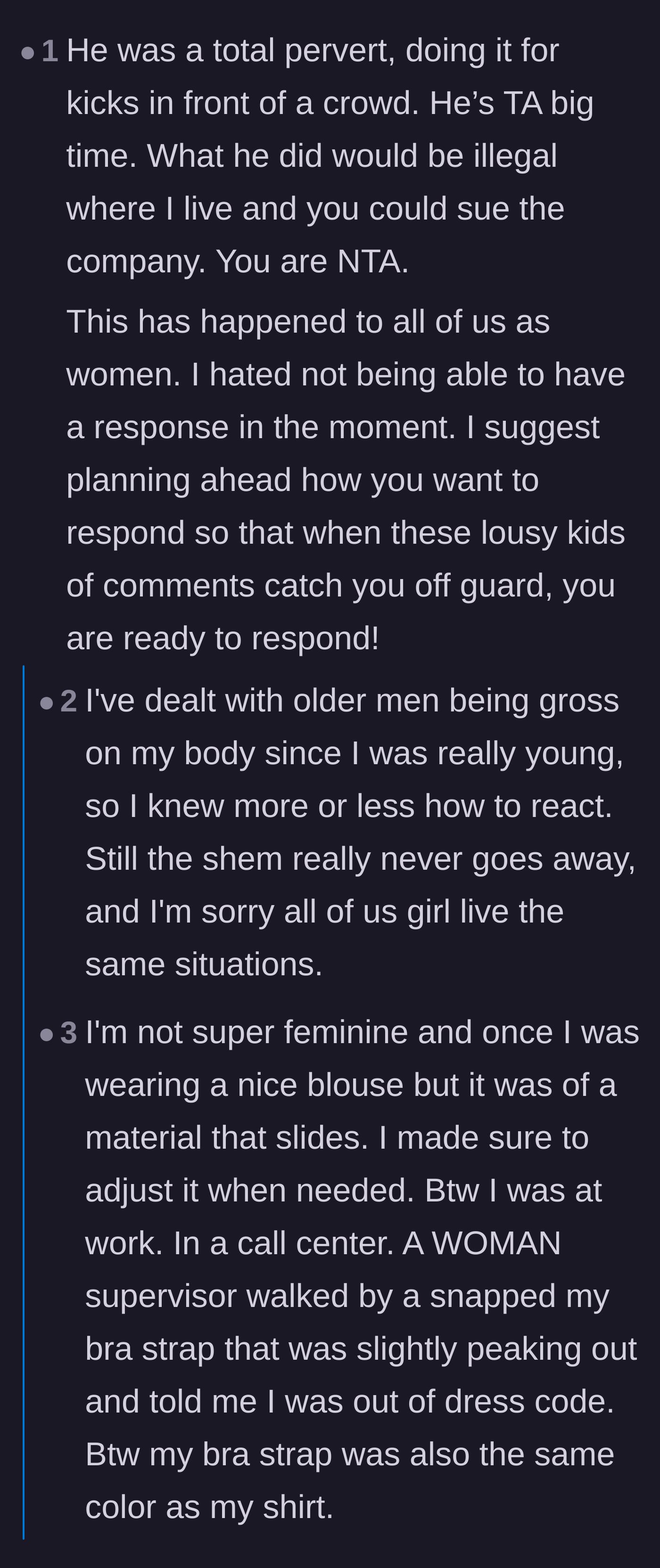 Comment thread 3 - Women sharing their heartbreakingly common experiences of workplace harassment starting from a very young age.