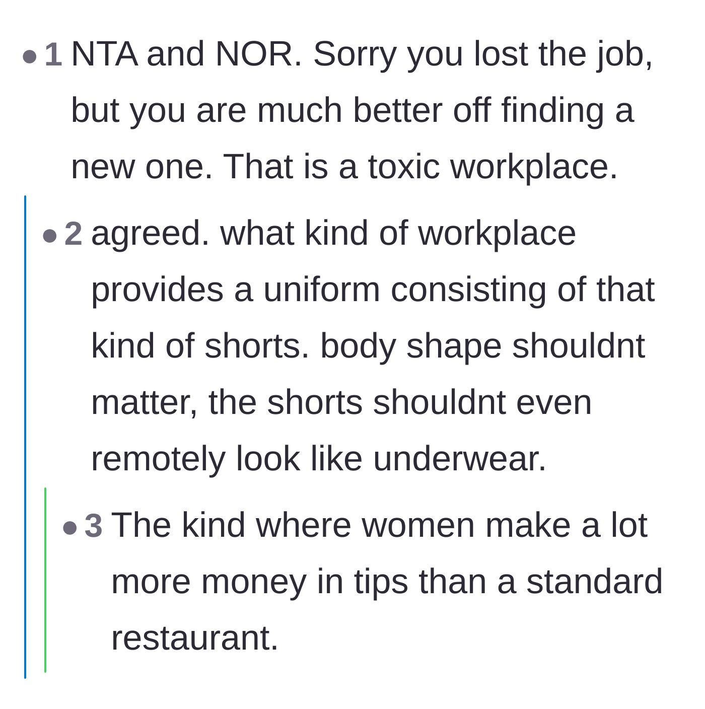 Comment thread 5 - Debate over the predatory nature of service industry uniforms designed to maximize tips at the expense of employee dignity.