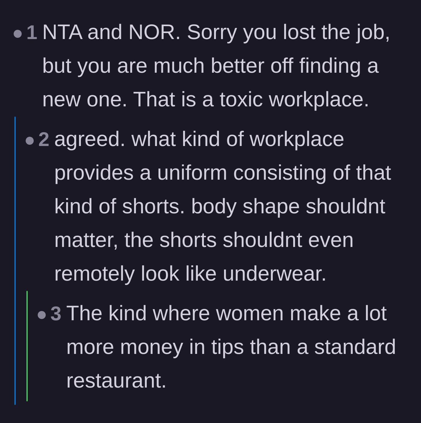 Comment thread 5 - Debate over the predatory nature of service industry uniforms designed to maximize tips at the expense of employee dignity.