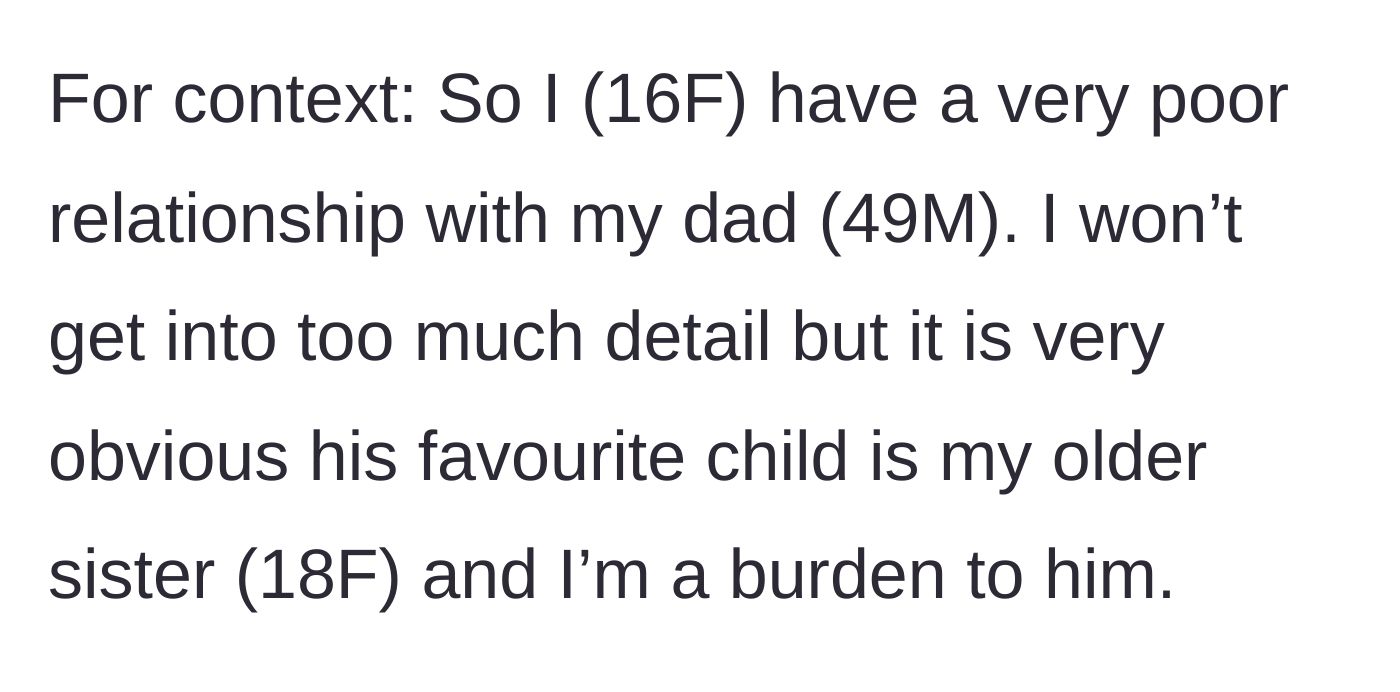 Story part 1 - Teenage girl explaining her poor relationship with her father and his blatant favoritism toward her older sister.