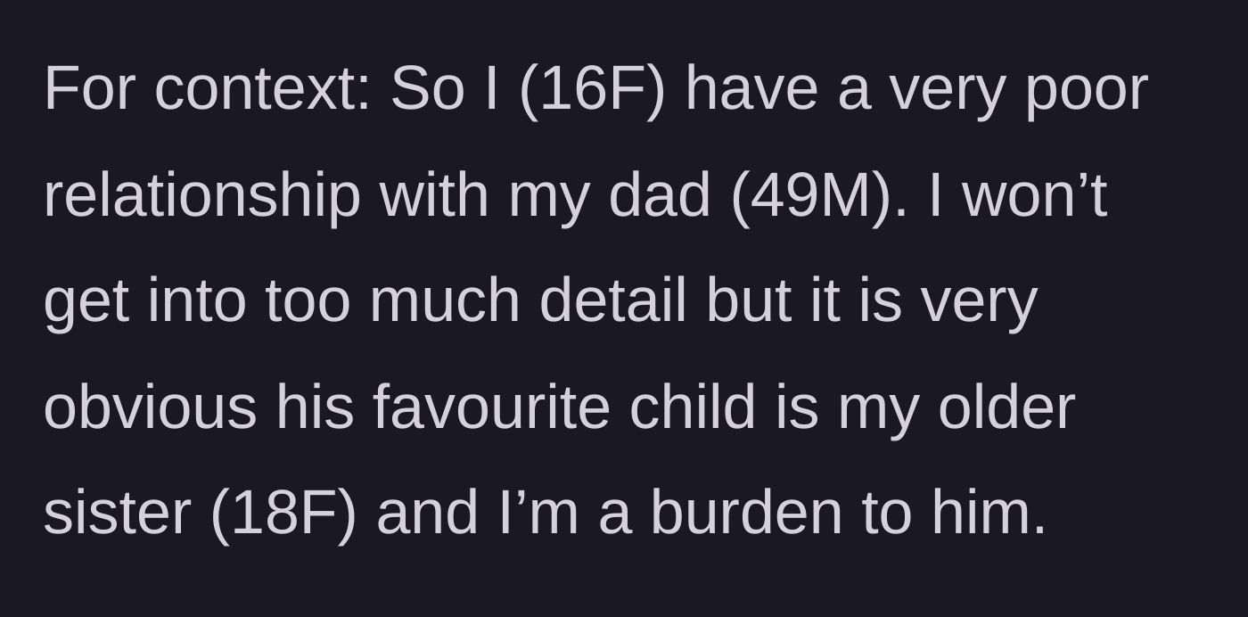 Story part 1 - Teenage girl explaining her poor relationship with her father and his blatant favoritism toward her older sister.