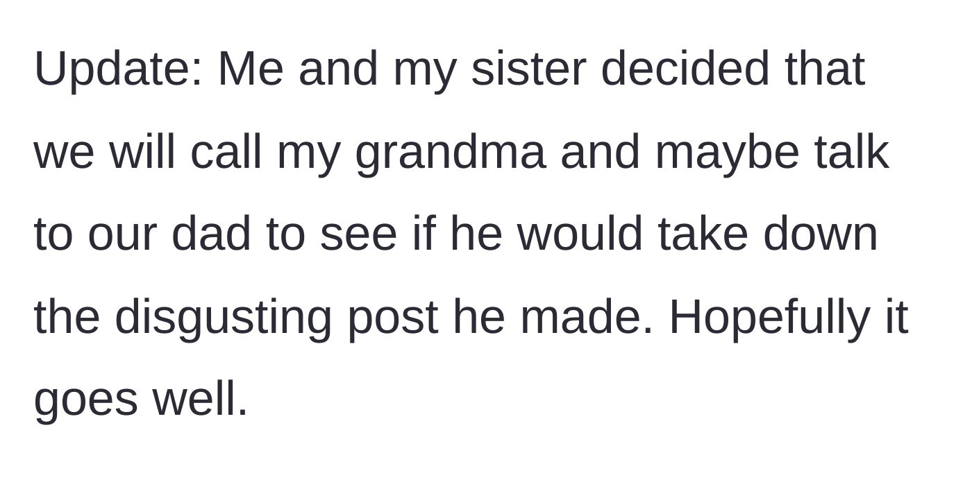 Story part 9 - The update where the sisters plan a phone call to the grandmother and father to request the post's deletion.