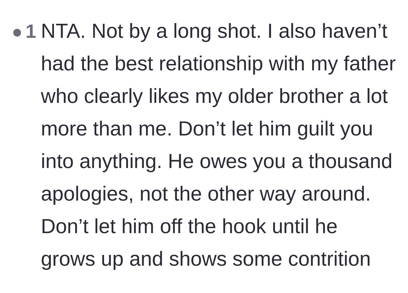 Comment thread 1 - A reader sharing their own experience with familial favoritism and demanding the father apologize.