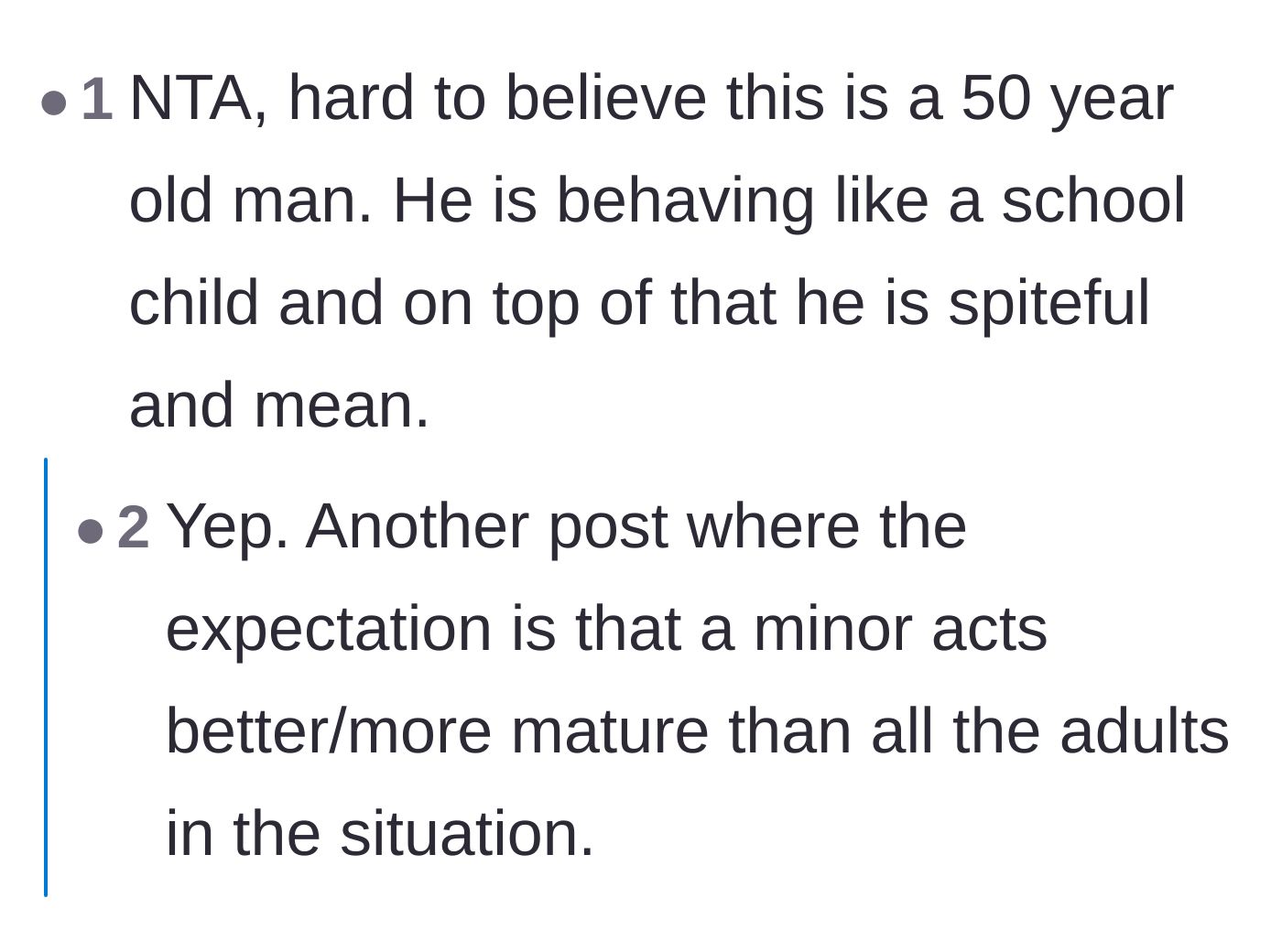 Comment thread 2 - A discussion highlighting the absurdity of a 50-year-old man acting more childish than his teenage daughter.