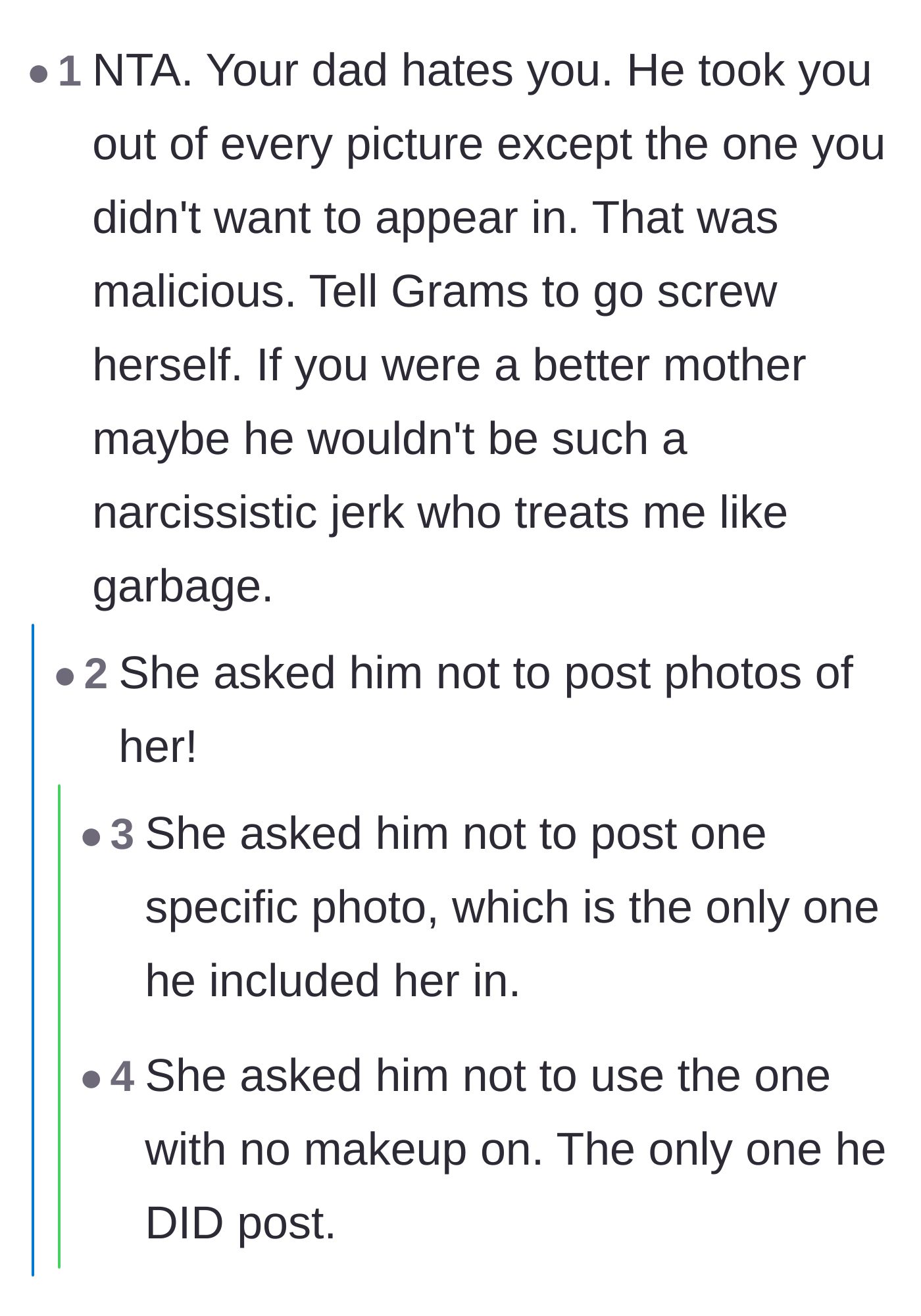Comment thread 3 - Users debating the malicious intent behind the father's photo selection and the grandmother's enabling role.
