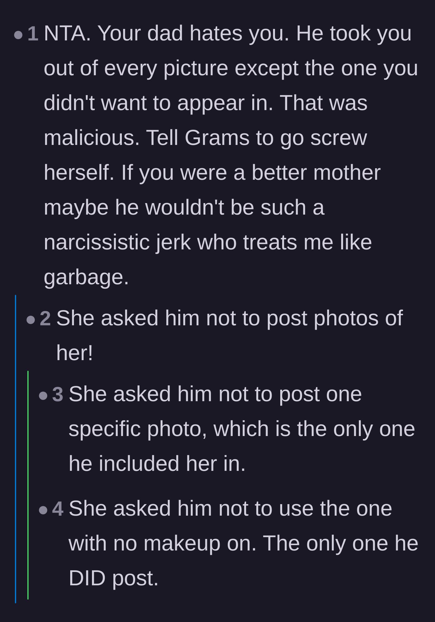 Comment thread 3 - Users debating the malicious intent behind the father's photo selection and the grandmother's enabling role.
