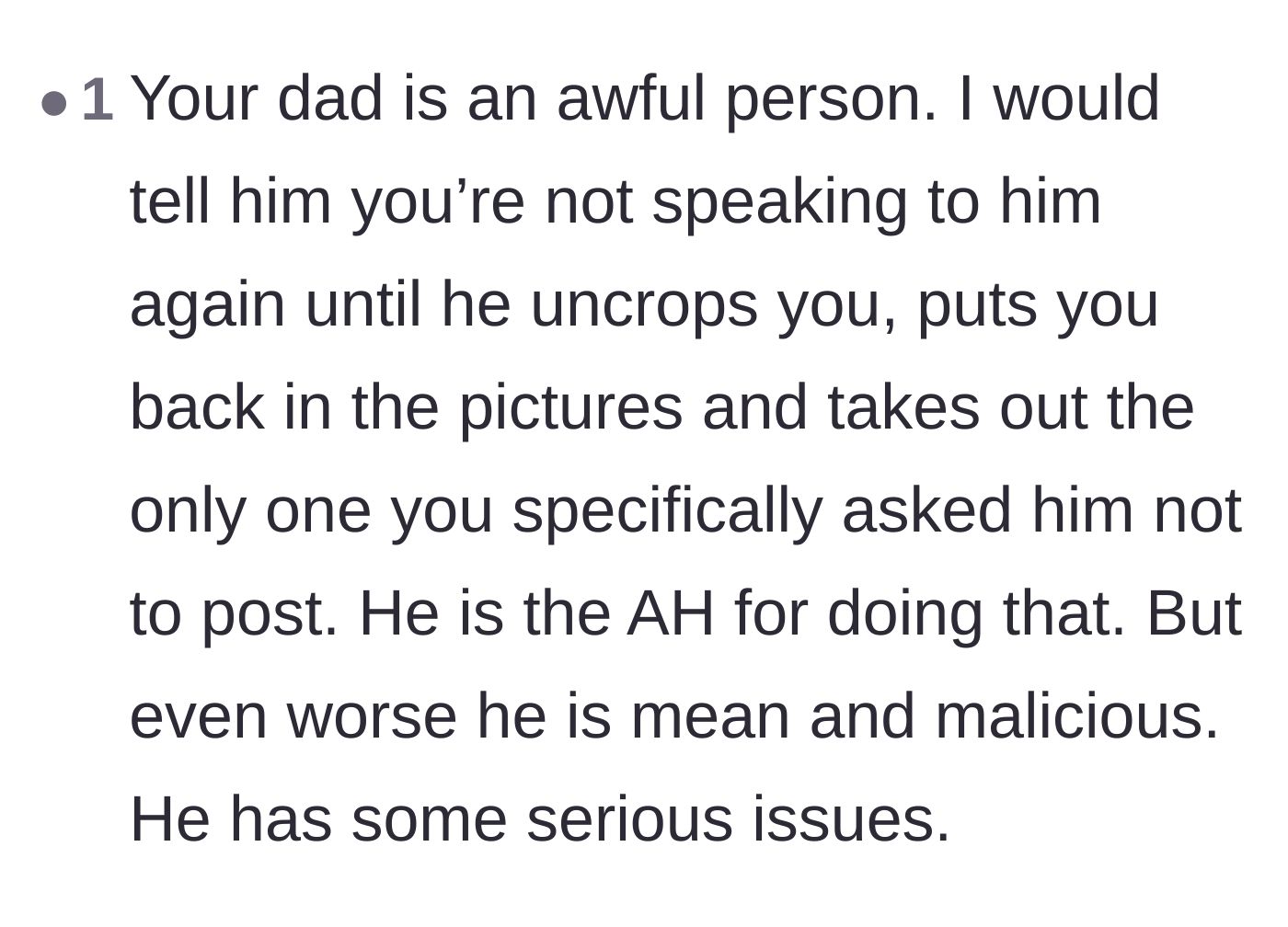 Comment thread 6 - A user condemning the father's malicious photo cropping and suggesting firm conditions for resuming contact.