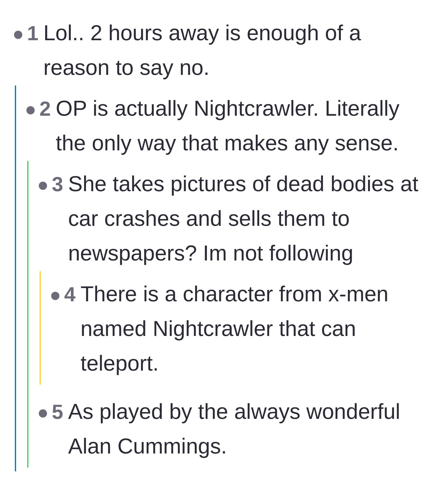 Comment thread 2 - Joking that the teenage sister would need teleportation superpowers to commute four hours a day.