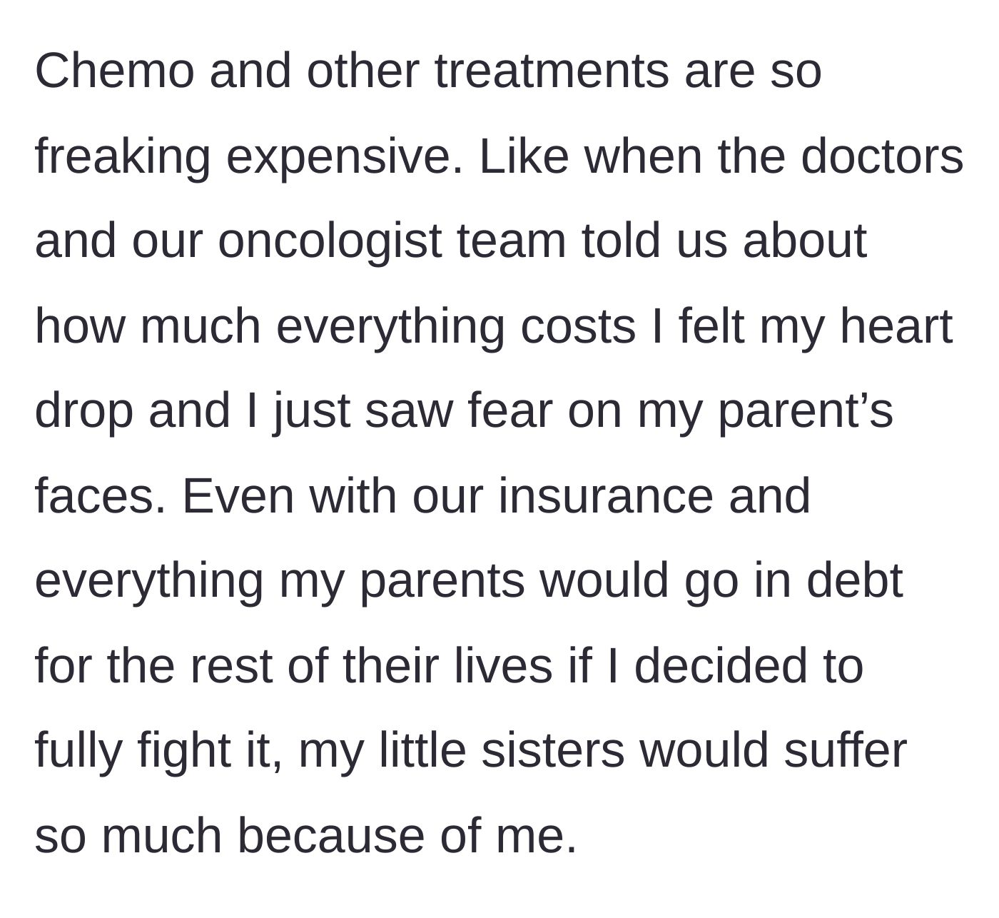 Story part 3 - The boy recalls the moment the oncology team explained the cost of chemotherapy, seeing fear on his parents' faces over lifelong debt.