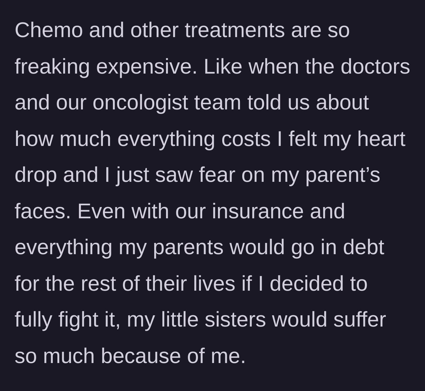 Story part 3 - The boy recalls the moment the oncology team explained the cost of chemotherapy, seeing fear on his parents' faces over lifelong debt.