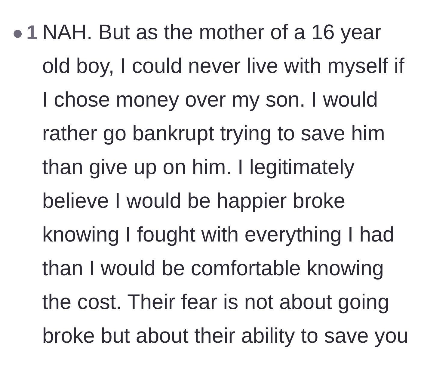 Comment thread 1 - A mother's perspective on choosing her child's life over financial stability
