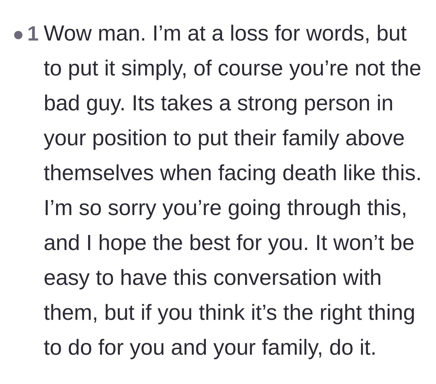 Comment thread 2 - Validating the teenager's selflessness while offering support for their difficult decision