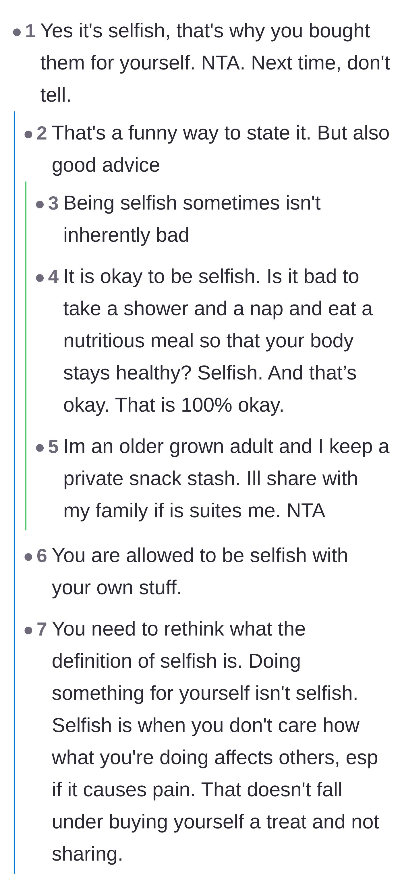 Comment thread 1 - A discussion on redefining selfishness as necessary self-care and rejecting toxic childhood lessons about forced sharing.
