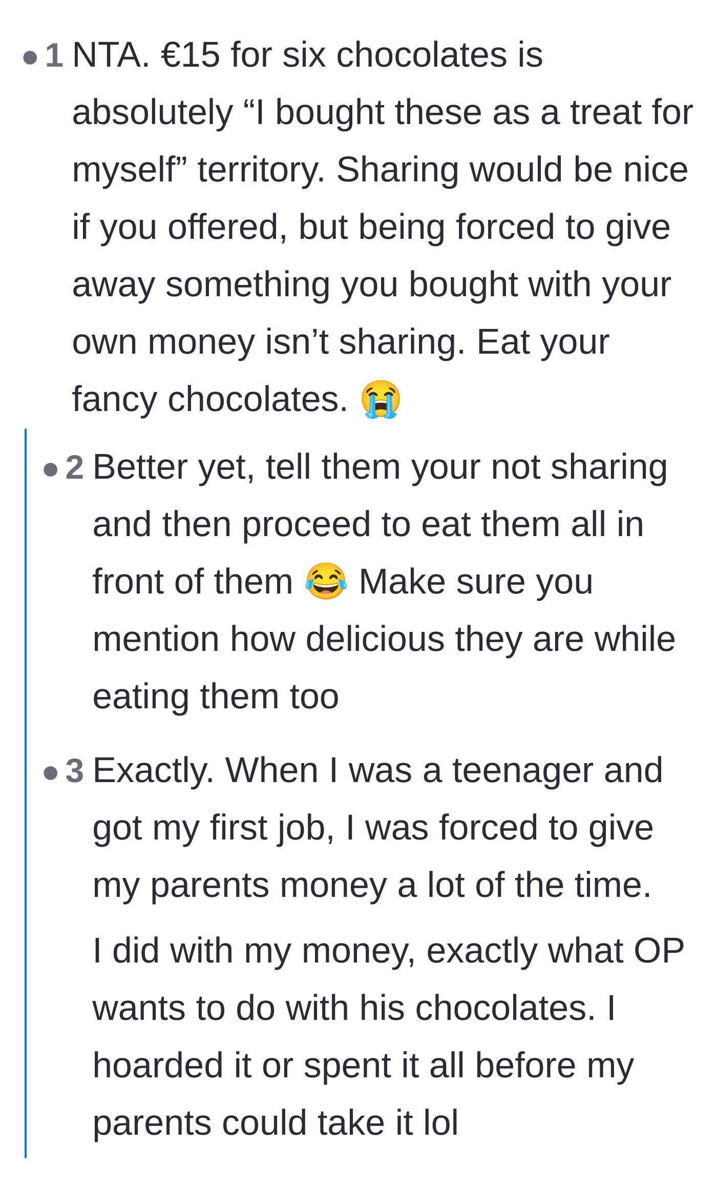Comment thread 2 - A deep dive into how parents confiscating childhood money and treats leads to adult financial trauma and anxiety.