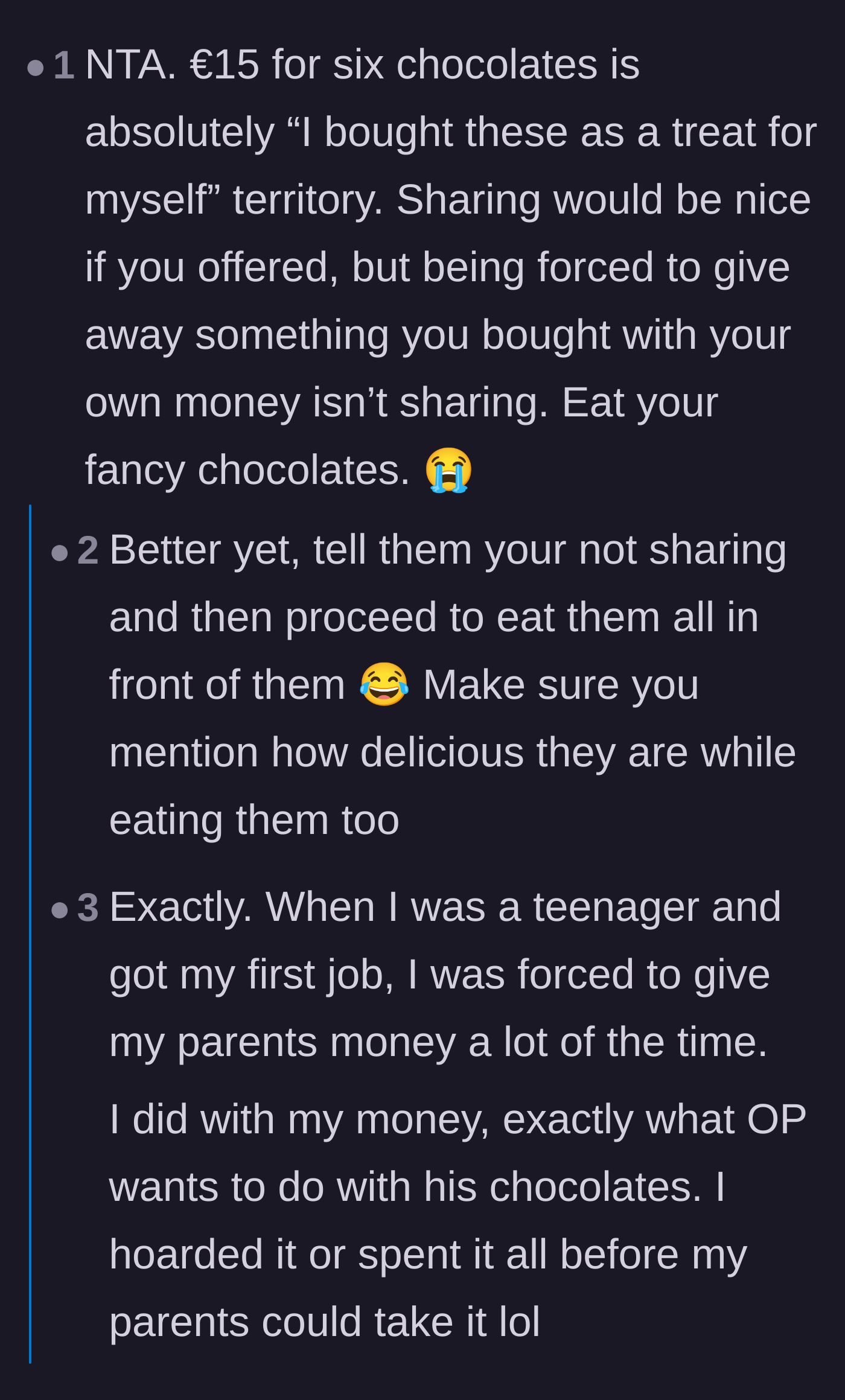 Comment thread 2 - A deep dive into how parents confiscating childhood money and treats leads to adult financial trauma and anxiety.
