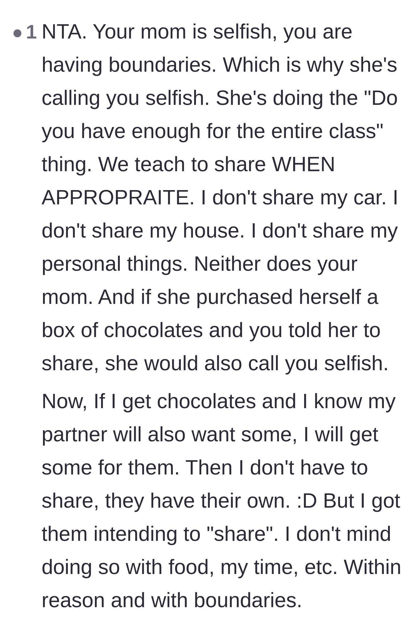 Comment thread 6 - Comparing the mother's demand to schoolroom rules and pointing out she wouldn't share her own major assets.