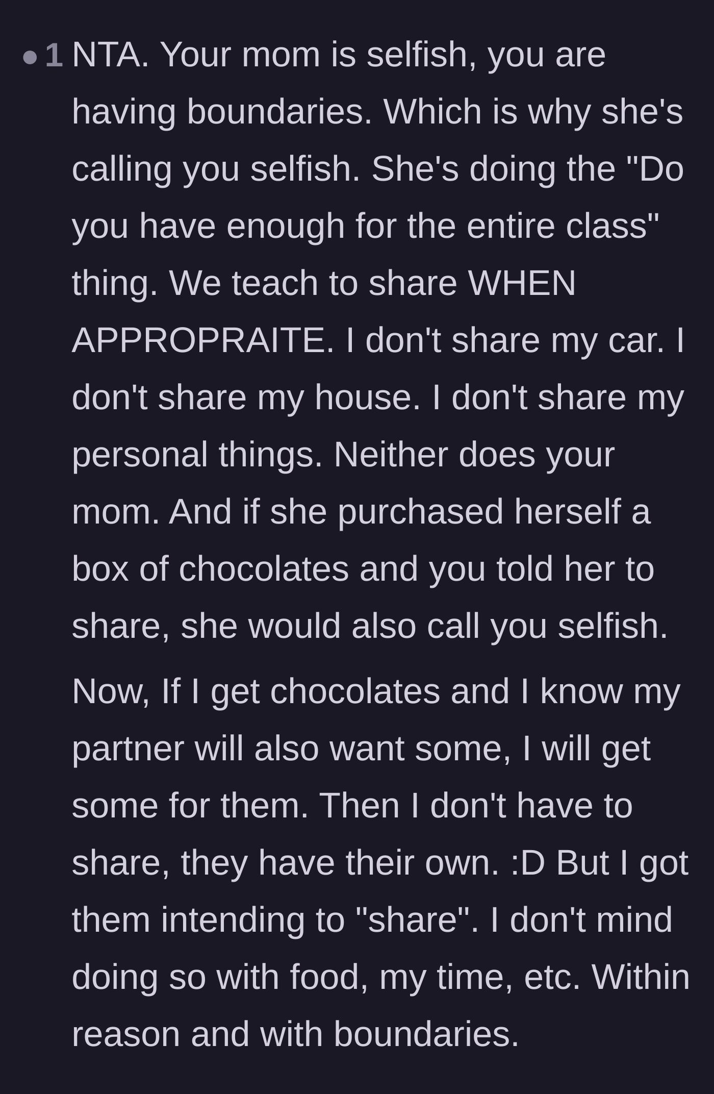 Comment thread 6 - Comparing the mother's demand to schoolroom rules and pointing out she wouldn't share her own major assets.