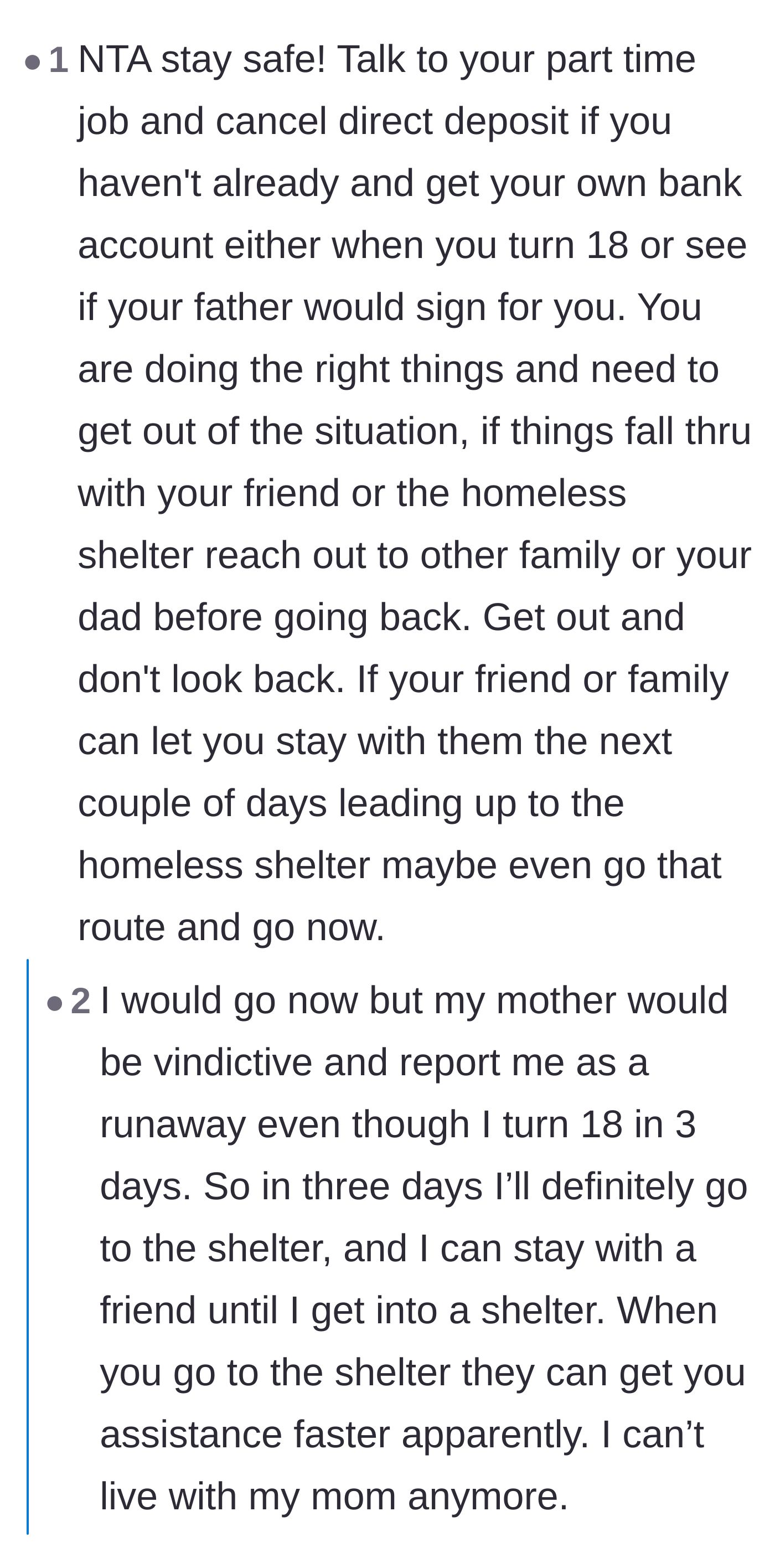 Comment thread 2 - Readers discussing how to preemptively report to the police to avoid bogus missing person reports and securing finances at a new bank.