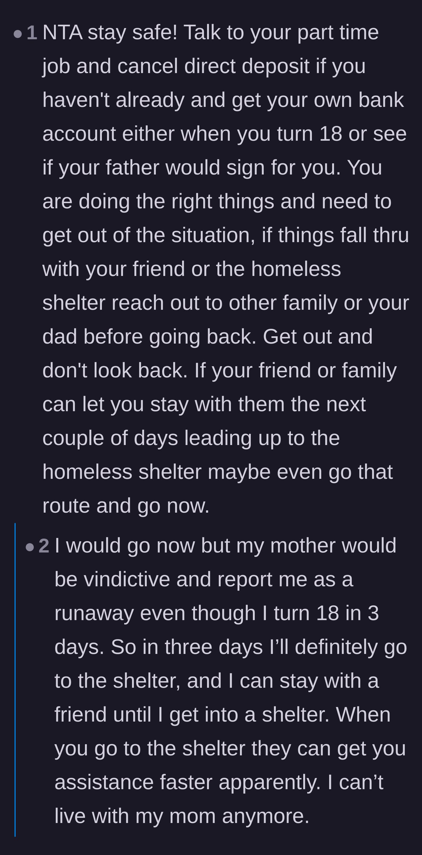 Comment thread 2 - Readers discussing how to preemptively report to the police to avoid bogus missing person reports and securing finances at a new bank.