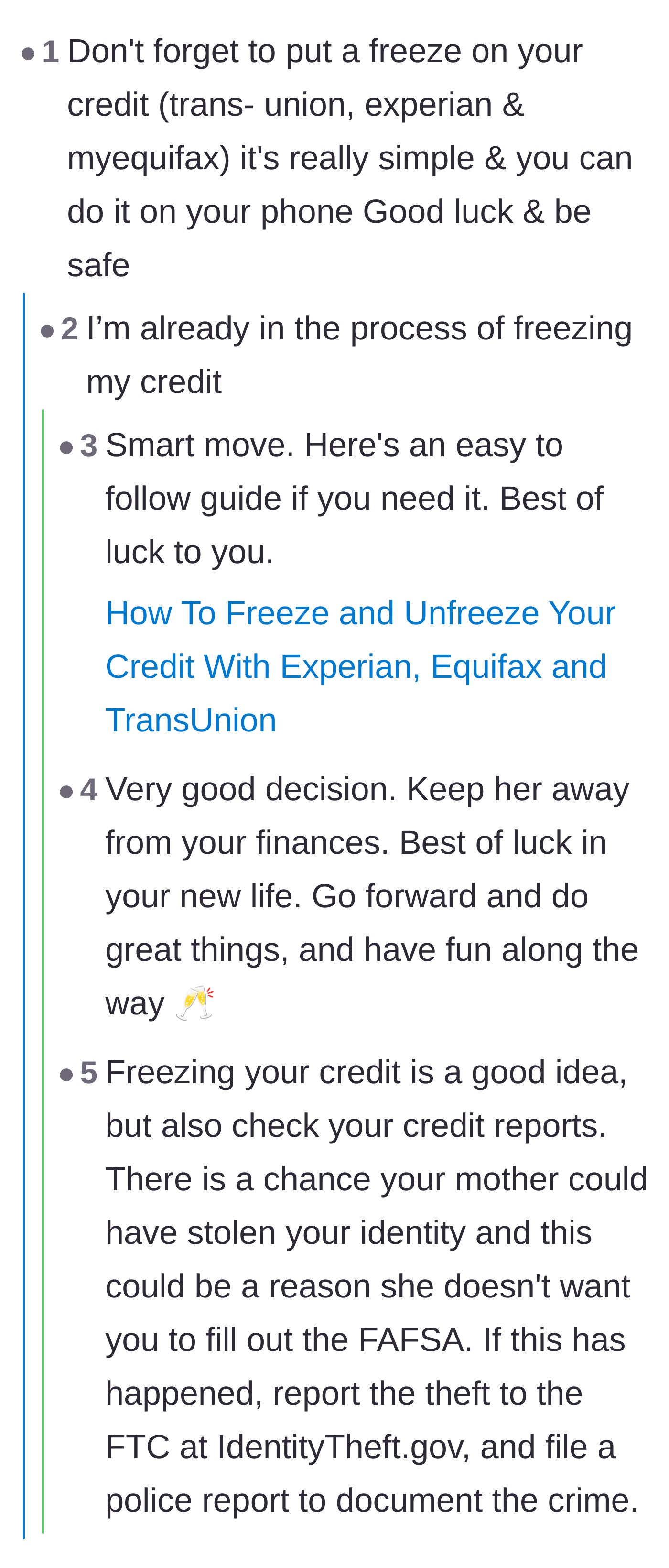 Comment thread 3 - Urging the teenager to freeze her credit through major bureaus to prevent her mother from opening fraudulent accounts in her name.