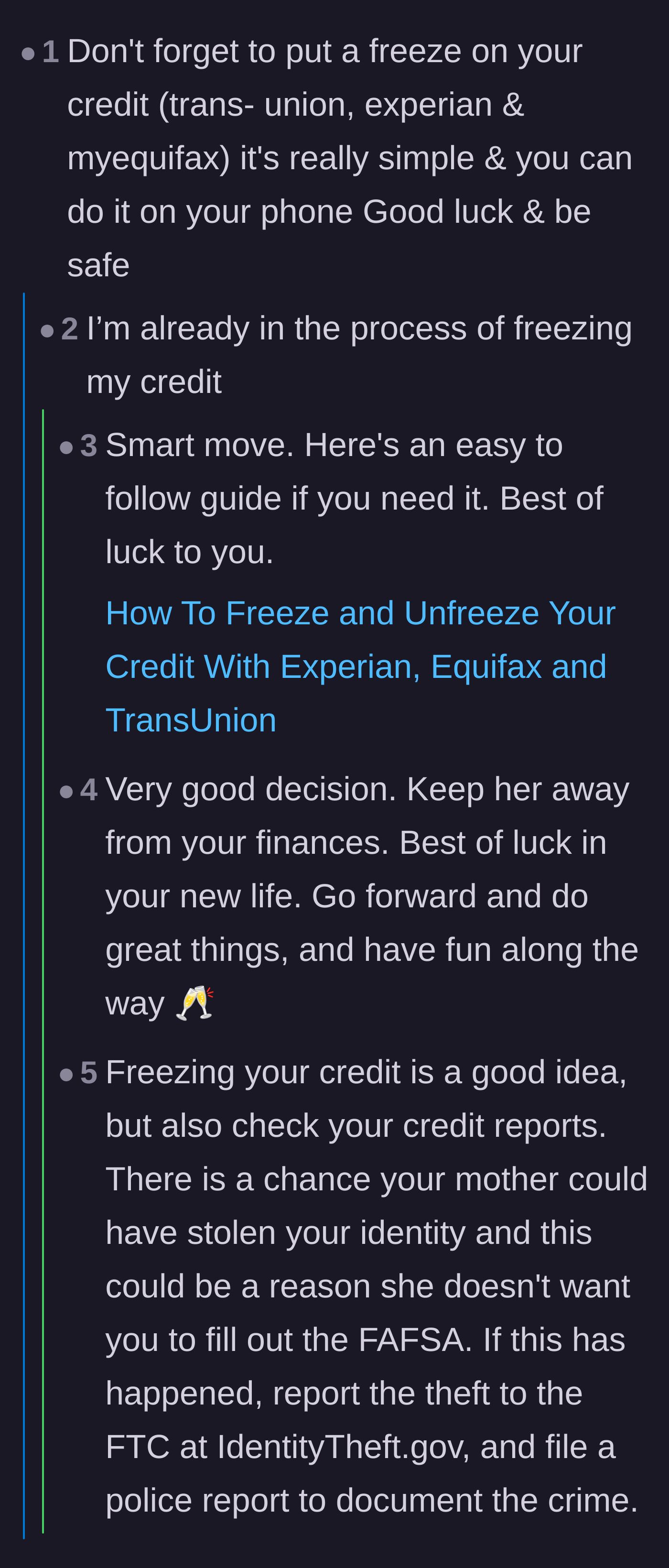 Comment thread 3 - Urging the teenager to freeze her credit through major bureaus to prevent her mother from opening fraudulent accounts in her name.