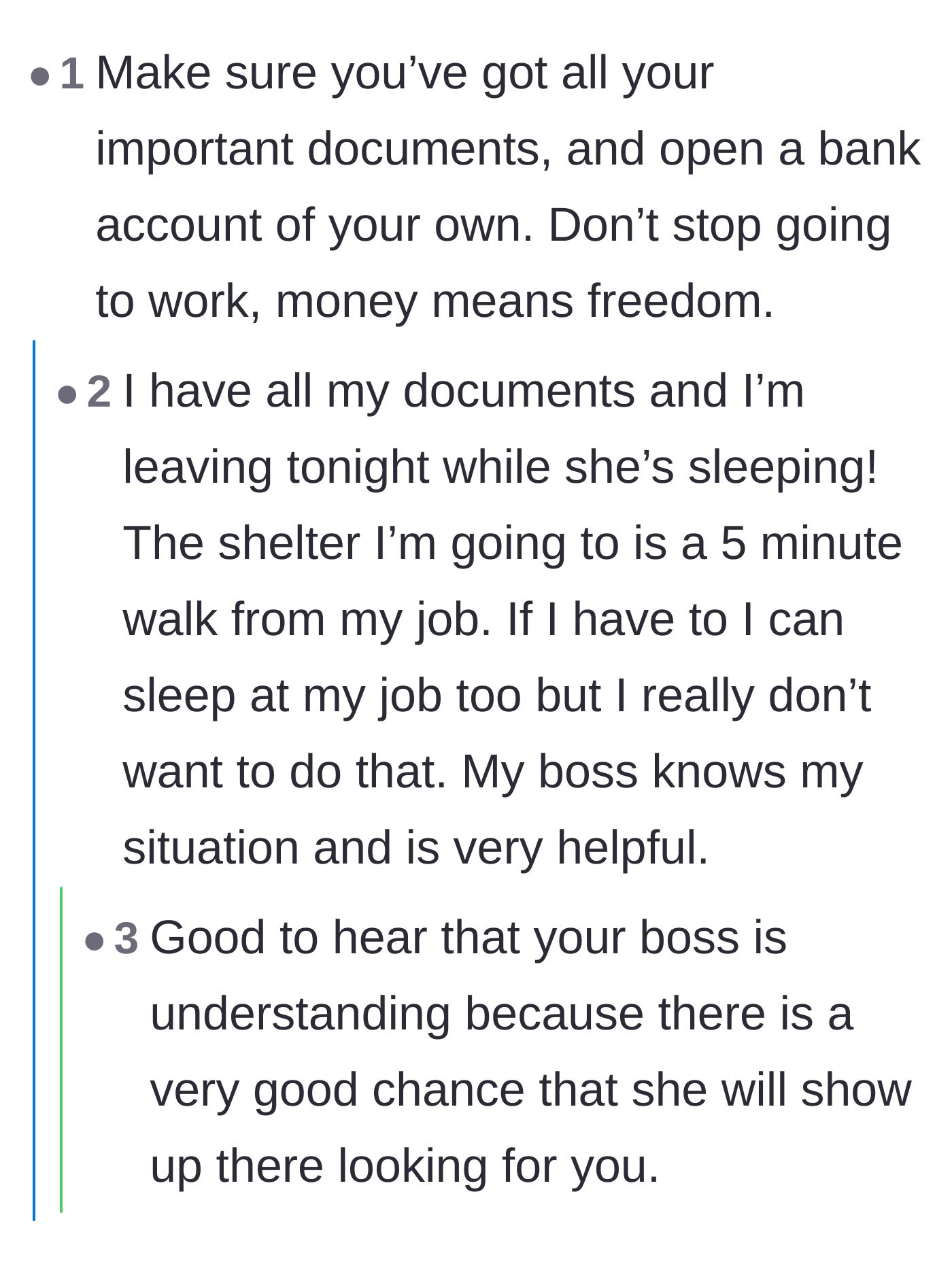 Comment thread 6 - The teenager reveals her shelter is close to her job and her boss is aware of the situation and supportive.