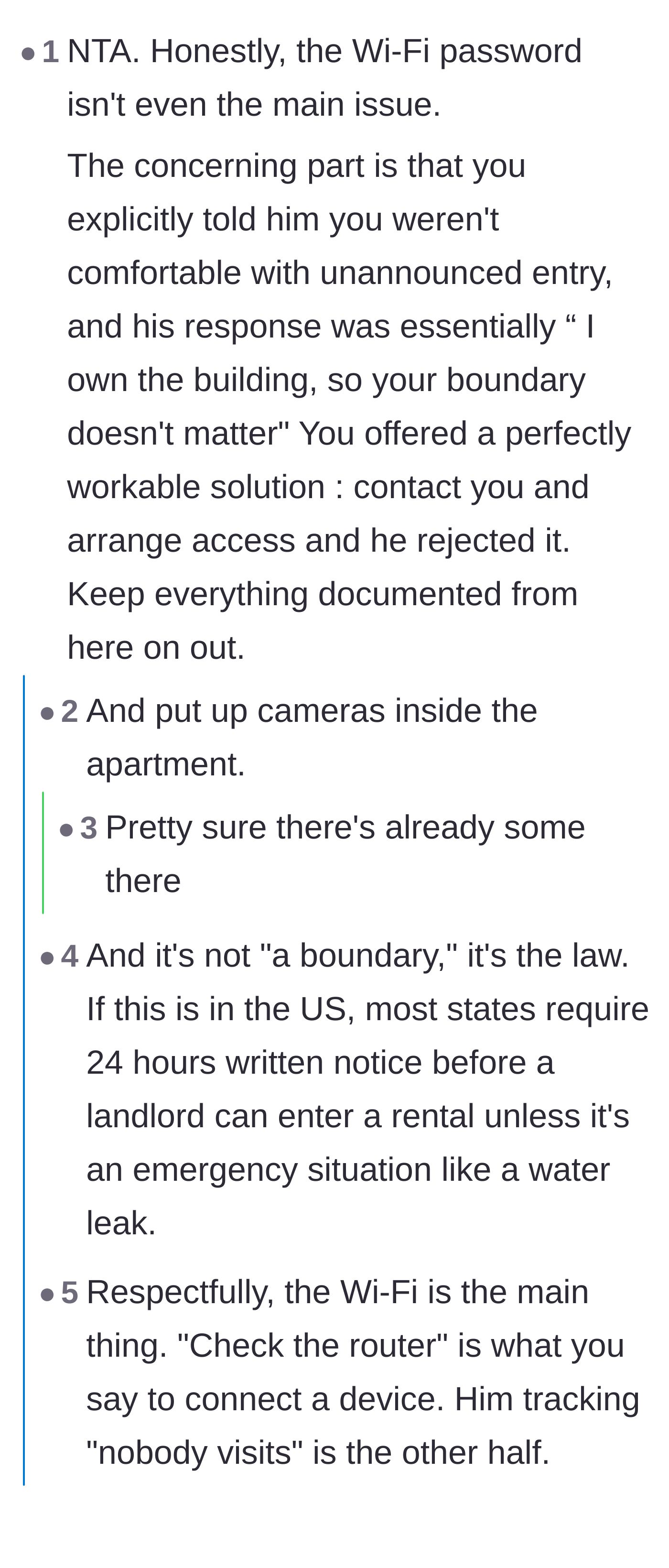 Commenters debate whether the landlord's demand for Wi-Fi access combined with knowing when she isn't home points to hidden cameras.
