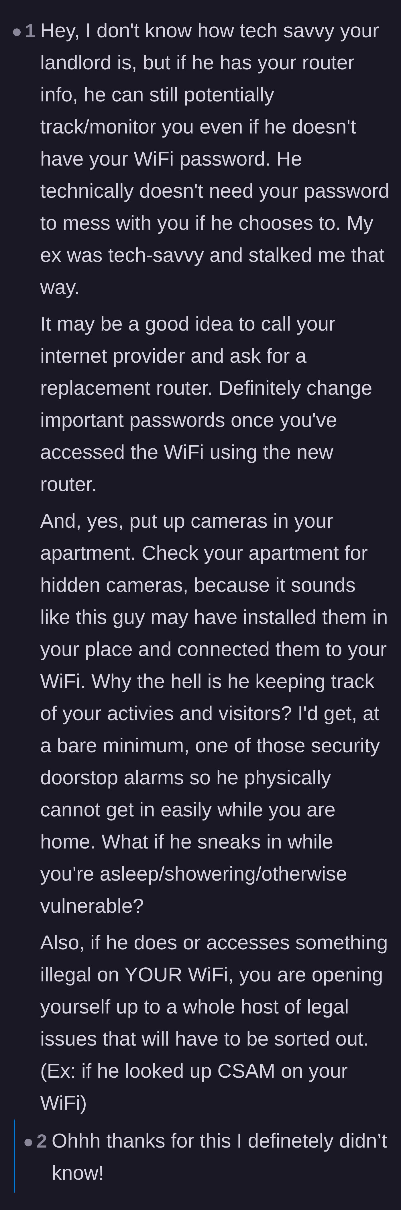 A commenter warns about the severe legal risks if the landlord uses the tenant's Wi-Fi network to access or download illegal materials.