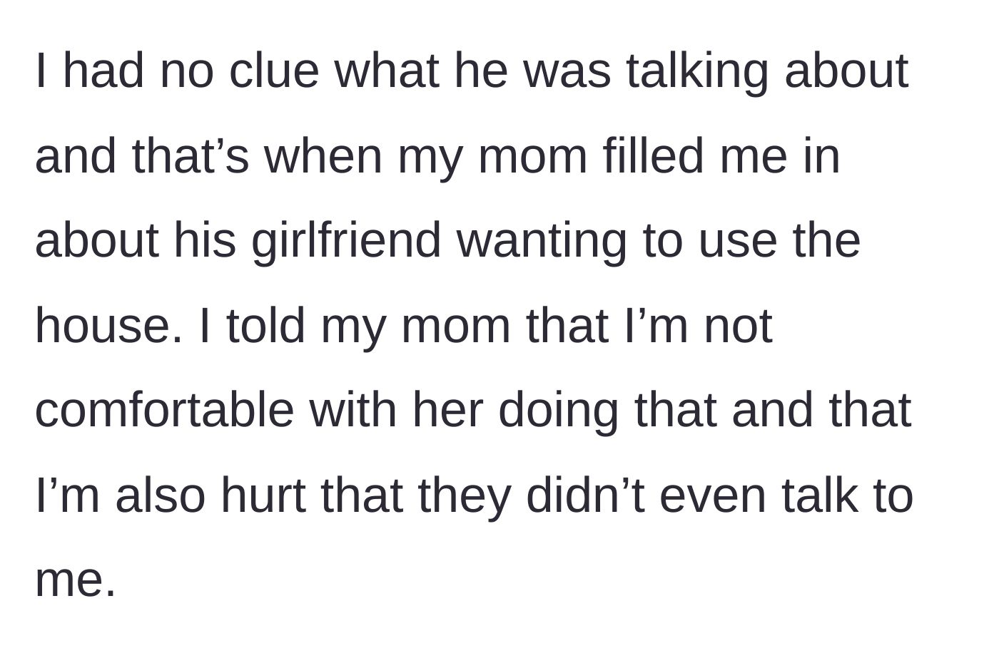Story part 4 - The mother explains the girlfriend's request, and the main character sets a firm boundary, expressing discomfort and hurt at being bypassed.