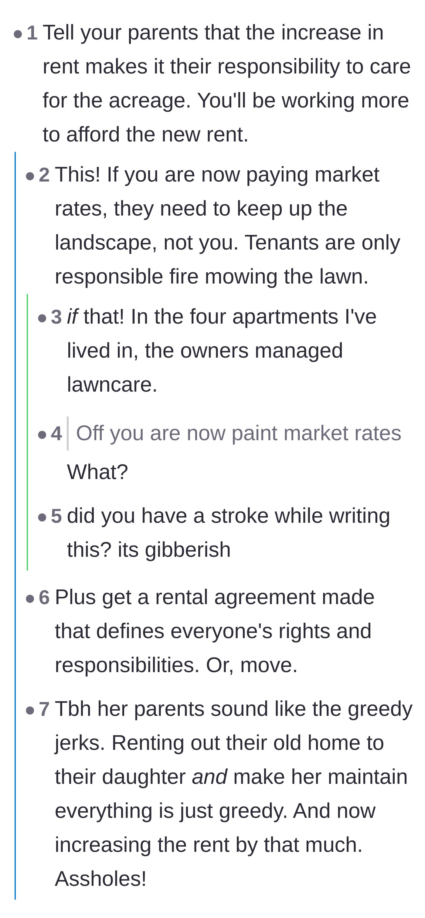 Comment thread 1 - Readers debating how paying market rent should void the tenant's responsibility to maintain the 20-acre property.