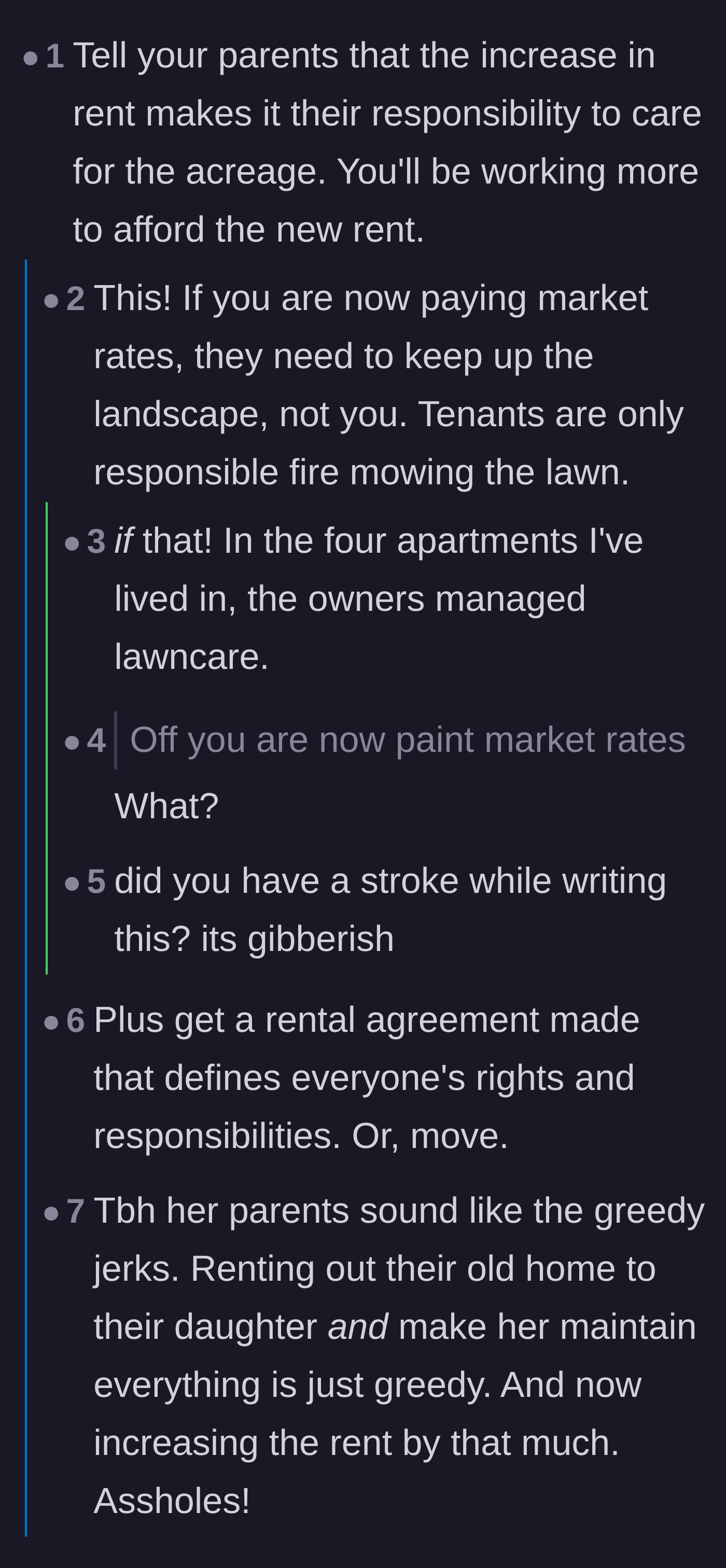 Comment thread 1 - Readers debating how paying market rent should void the tenant's responsibility to maintain the 20-acre property.