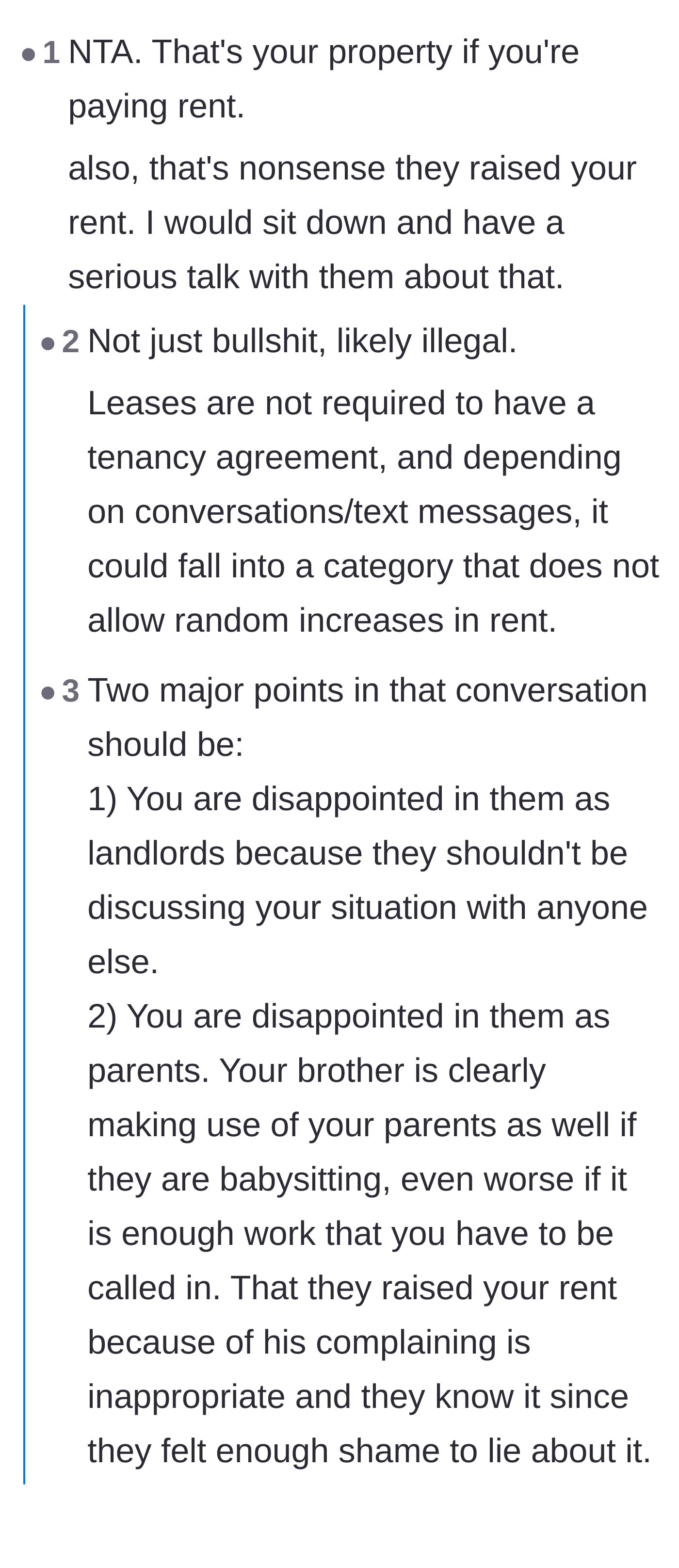 Comment thread 2 - Advice on tenant rights, illegal rent increases, and treating family members like actual landlords.